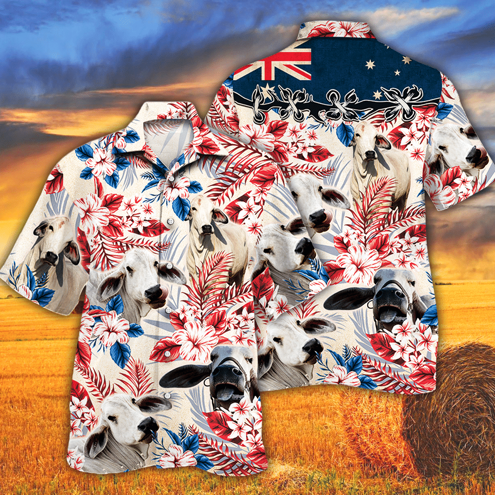 Unique Brahman Cattle Australian Flag Hawaiian Flowers All Over Printed 3D Hawaiian Shirt