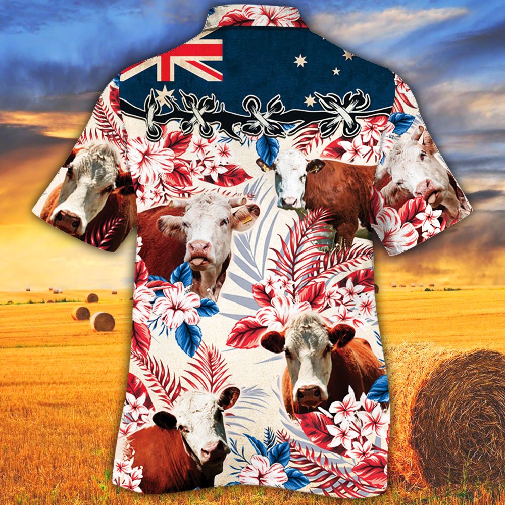 Unique Hereford Cattle Australian Flag Hawaiian Flowers All Over Printed 3D Hawaiian Shirt