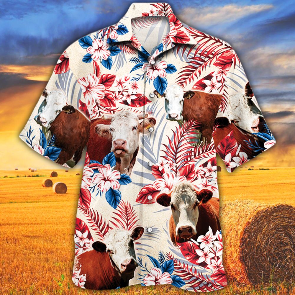Unique Hereford Cattle Australian Flag Hawaiian Flowers All Over Printed 3D Hawaiian Shirt