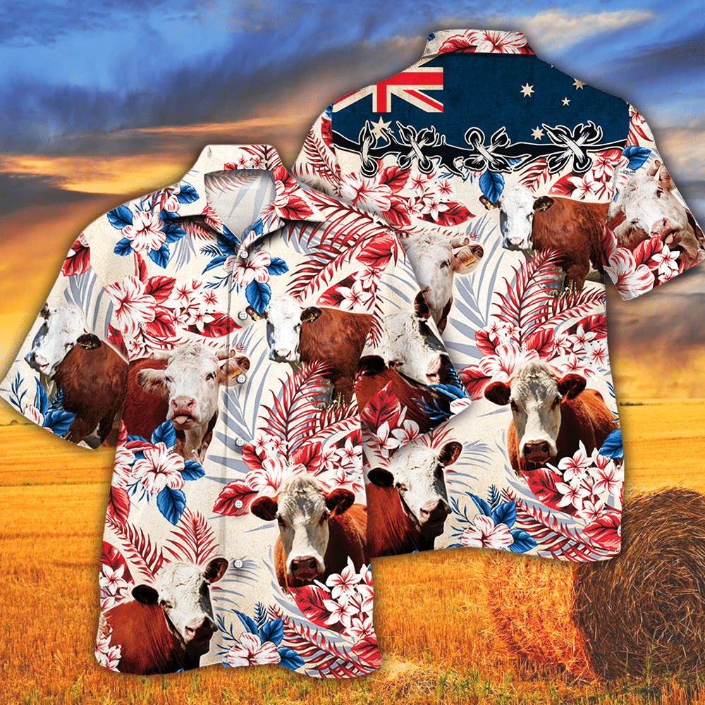 Unique Hereford Cattle Australian Flag Hawaiian Flowers All Over Printed 3D Hawaiian Shirt