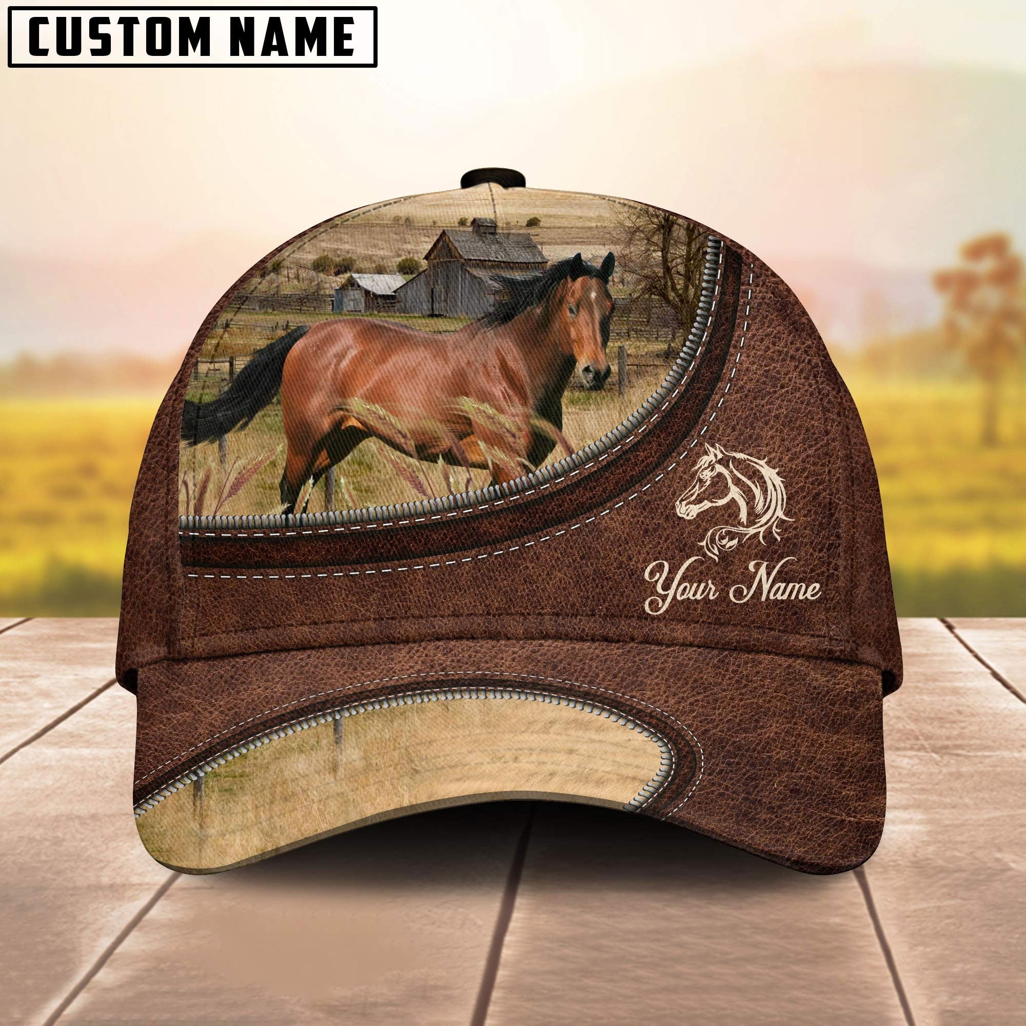 Horse On The Farm Customized Name Leather Pattern Cap