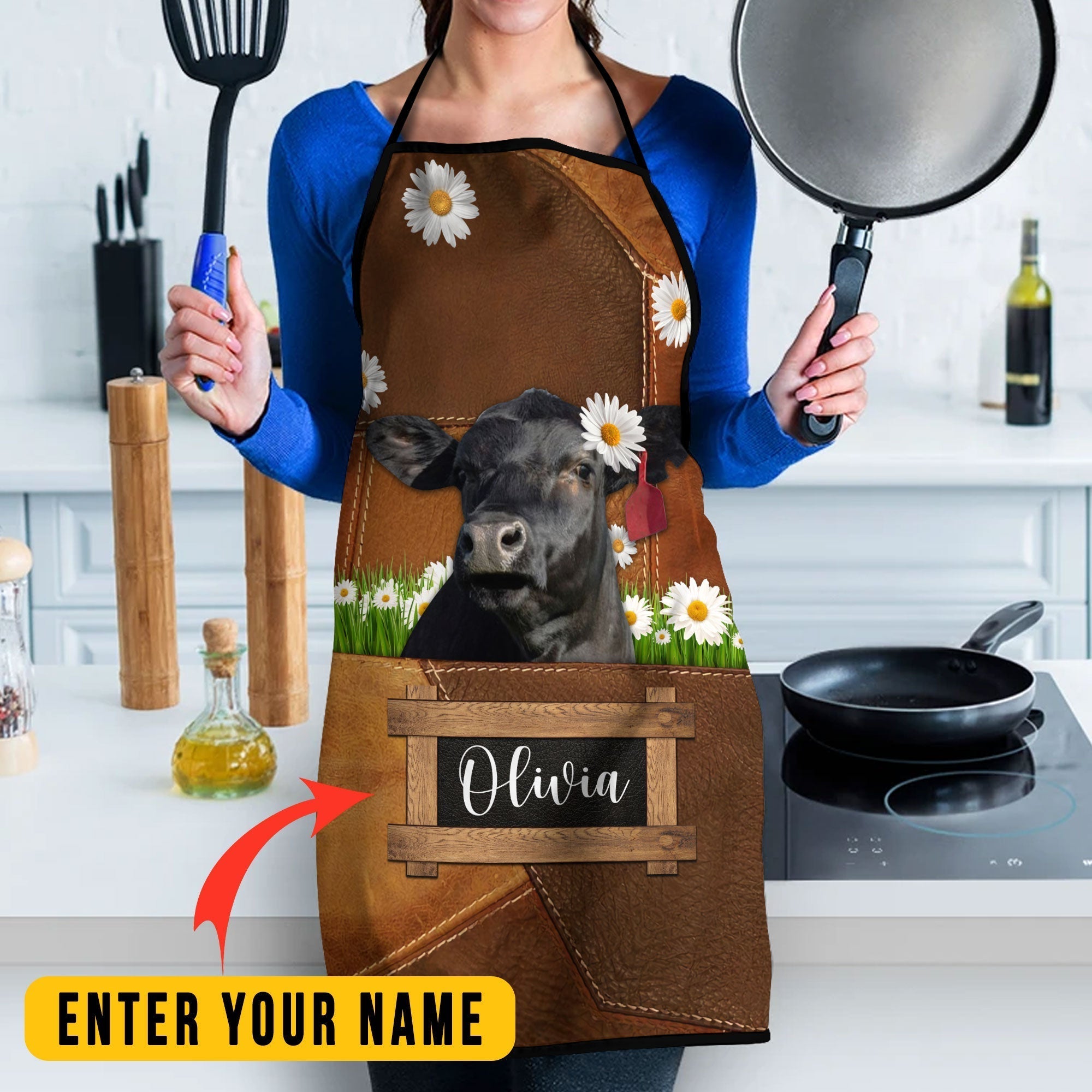 Personalized Name Black Angus Cattle All Over Printed 3D Apron