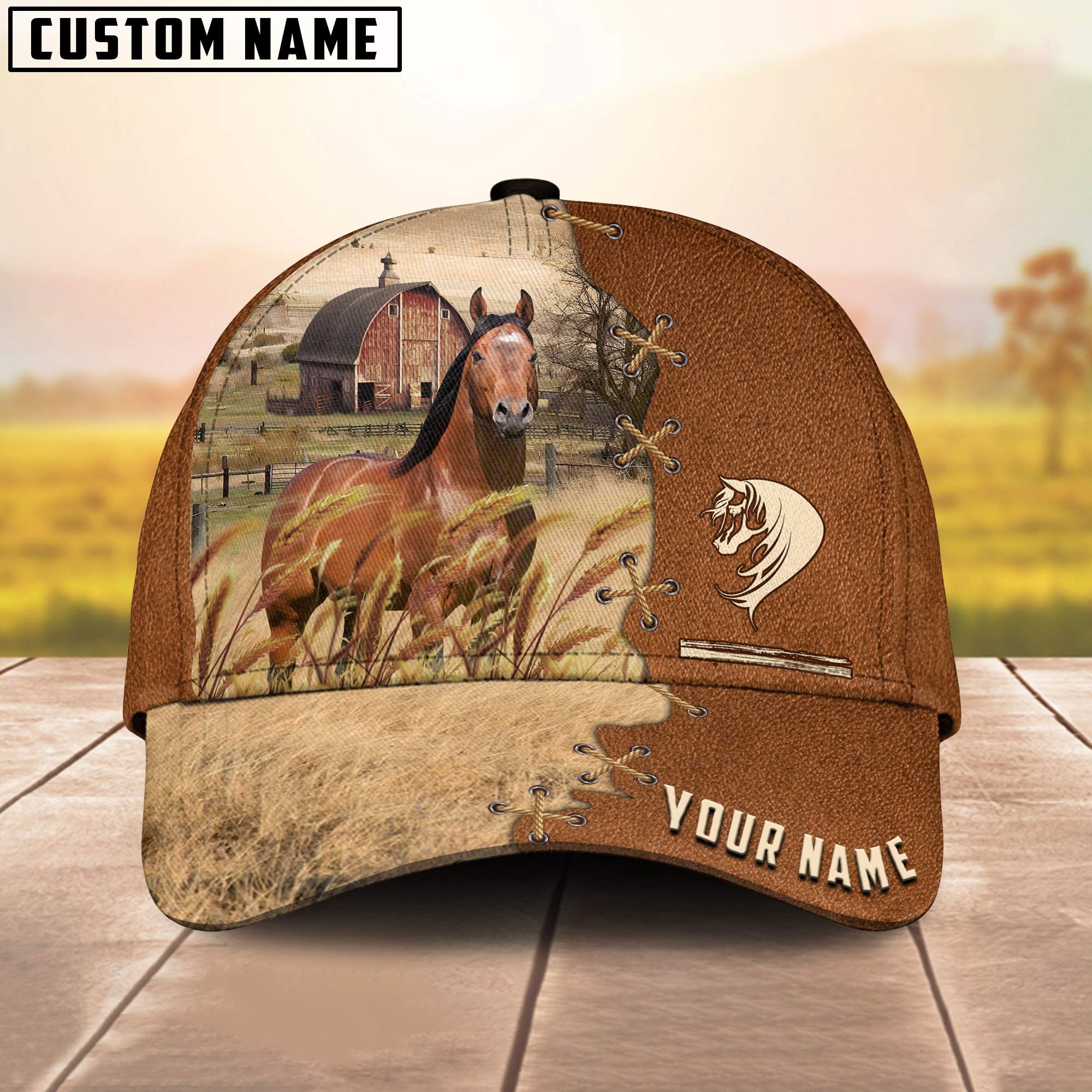 Horse Custom Name Brown Leather Pattern Cap