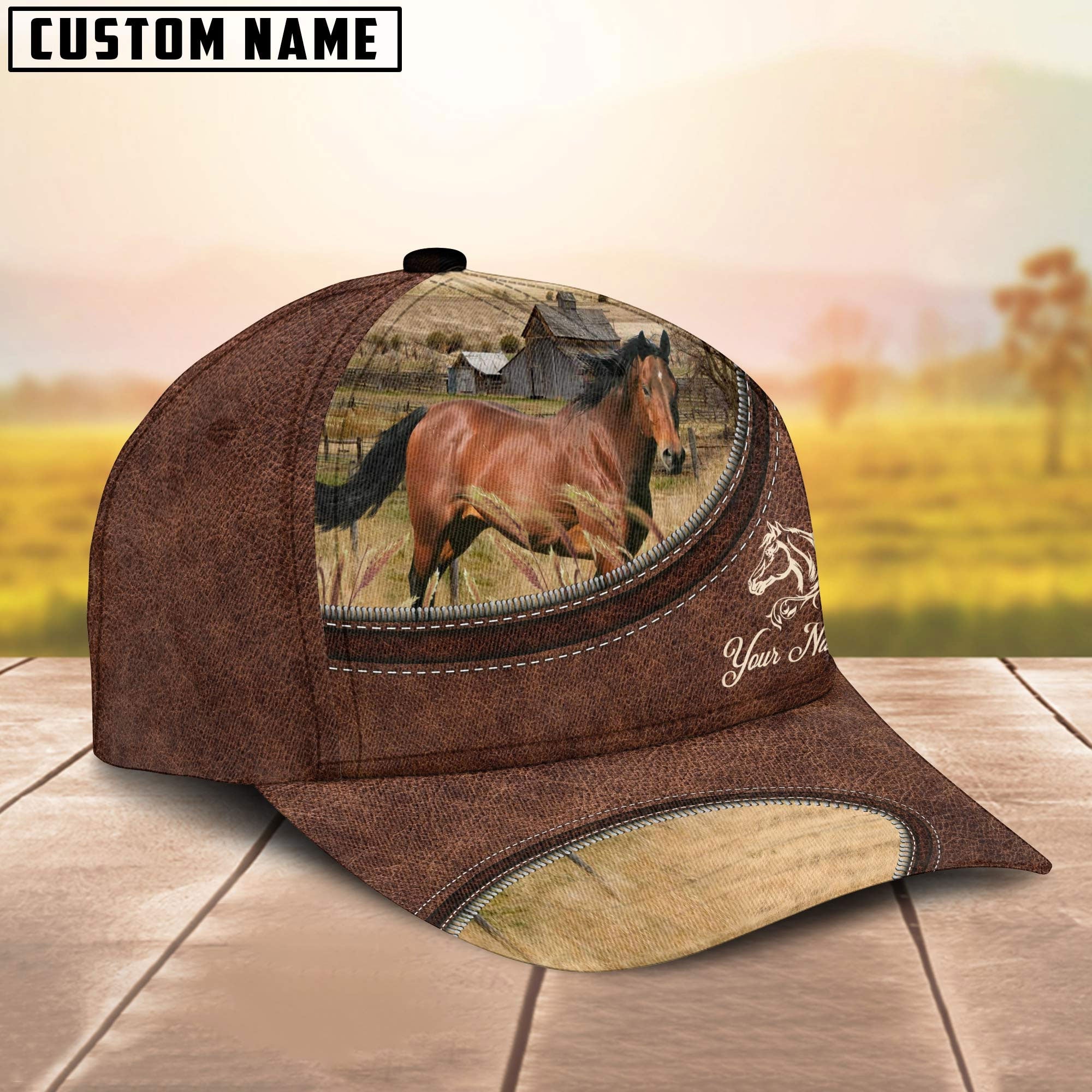 Horse On The Farm Customized Name Leather Pattern Cap