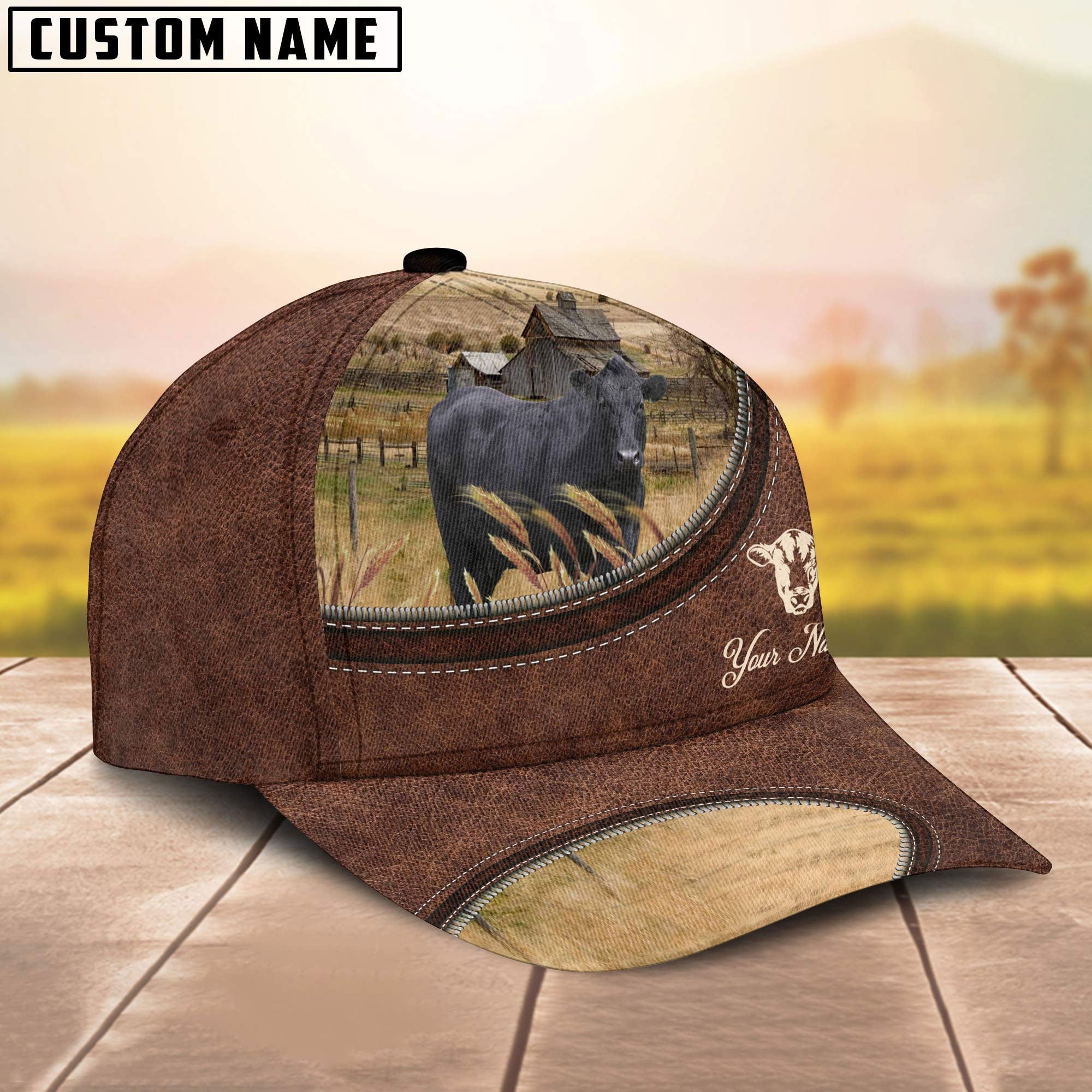 Black Angus On The Farm Customized Name Leather Pattern Cap