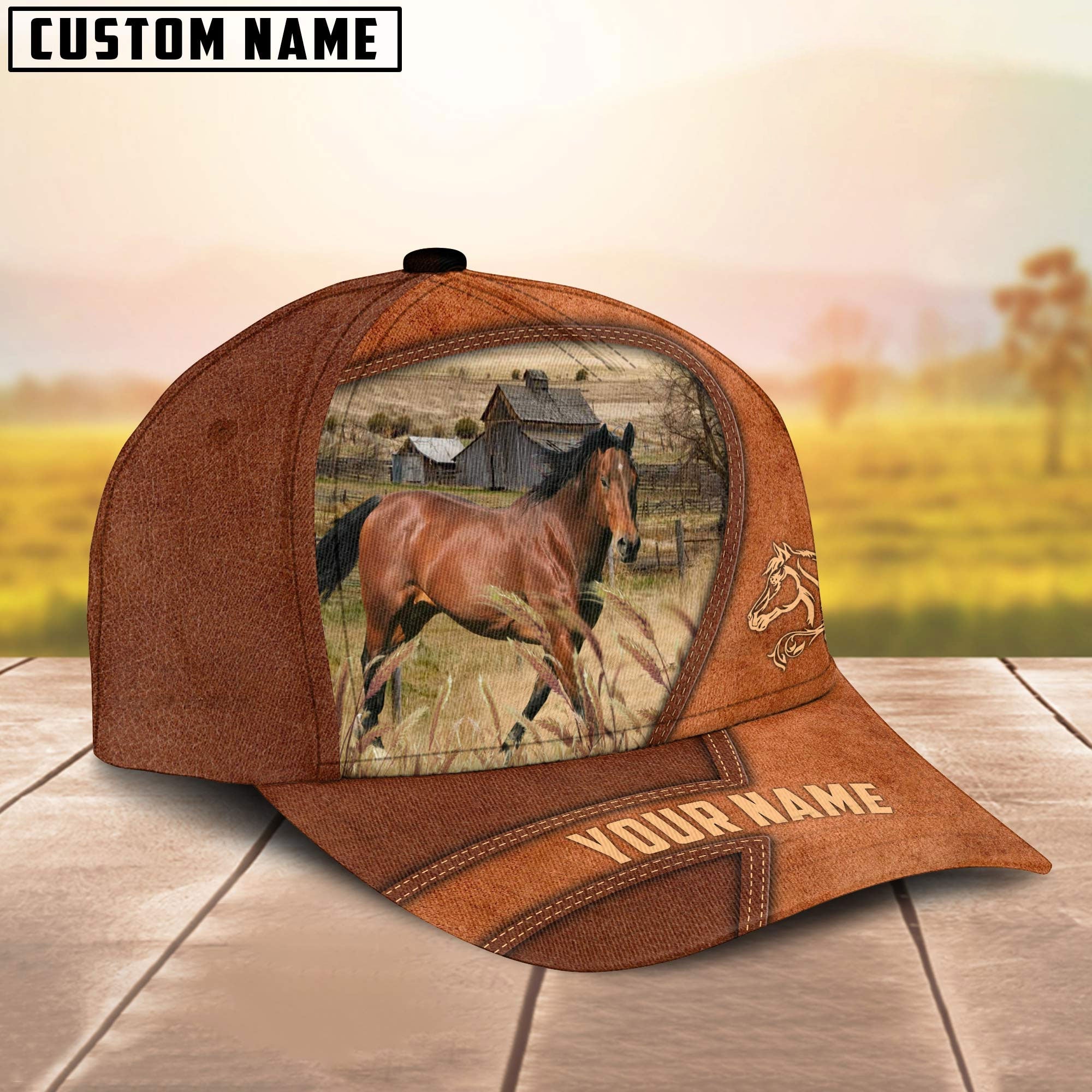 Horse Customized Name Brown Leather Pattern Cap
