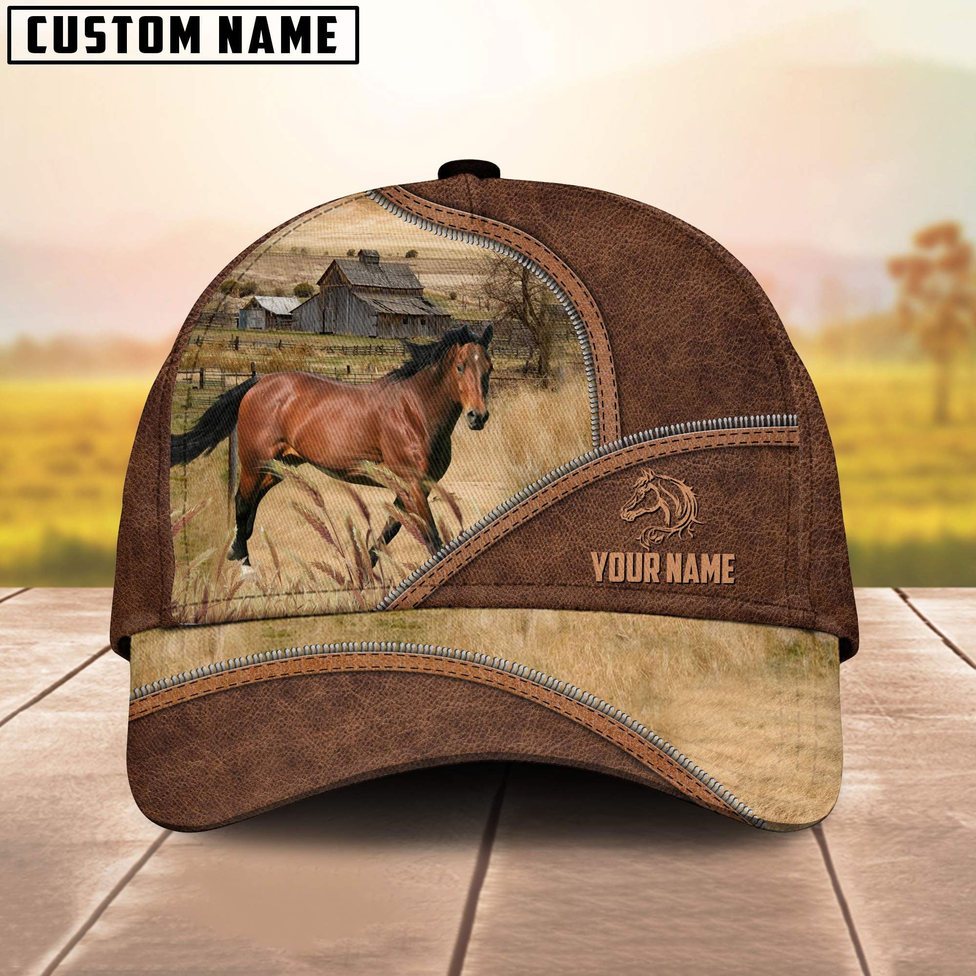 Horse Zipper Leather Pattern Customized Name Cap