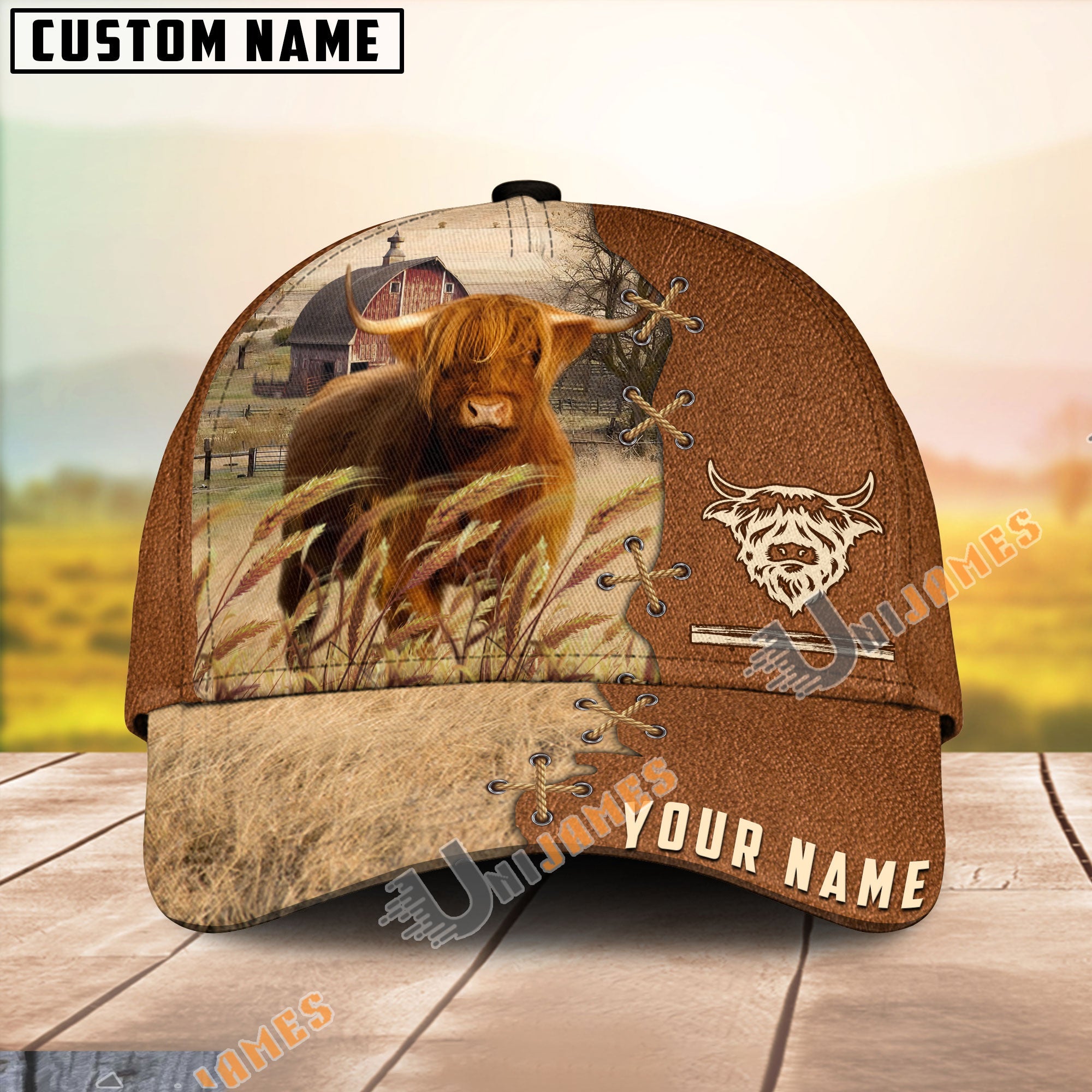 Highland Custom Name Brown Leather Pattern Cap