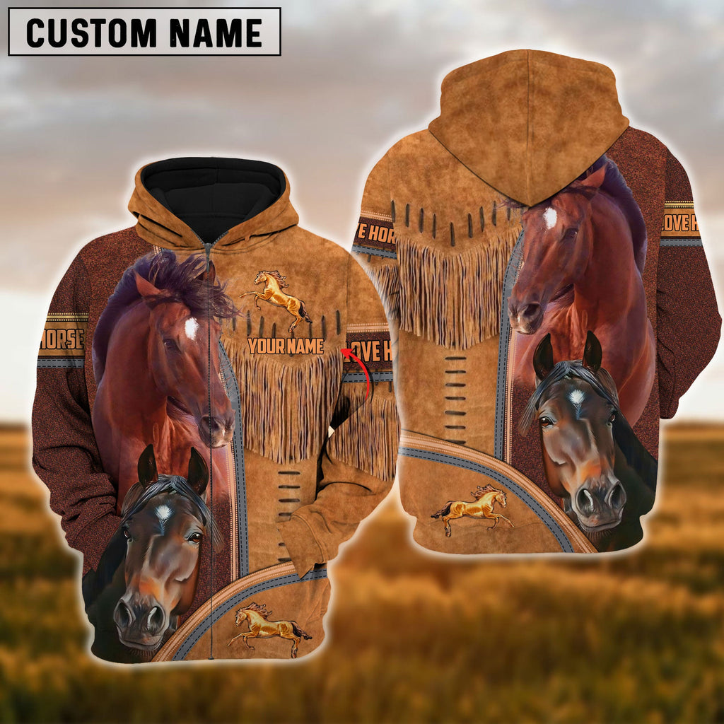 Custom Name 2 Brown Horses Lovers 3D Hoodie