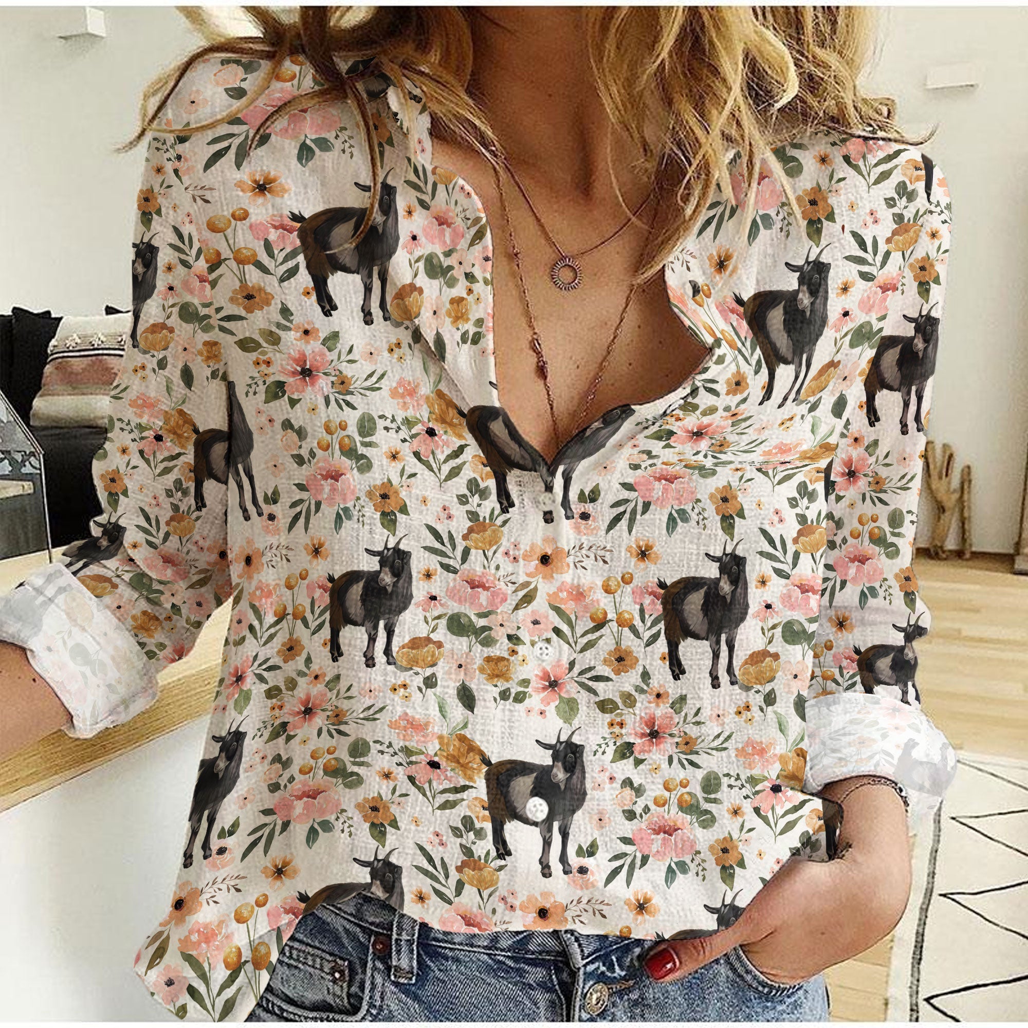 Unique Blossom Pattern Goat Casual Shirt