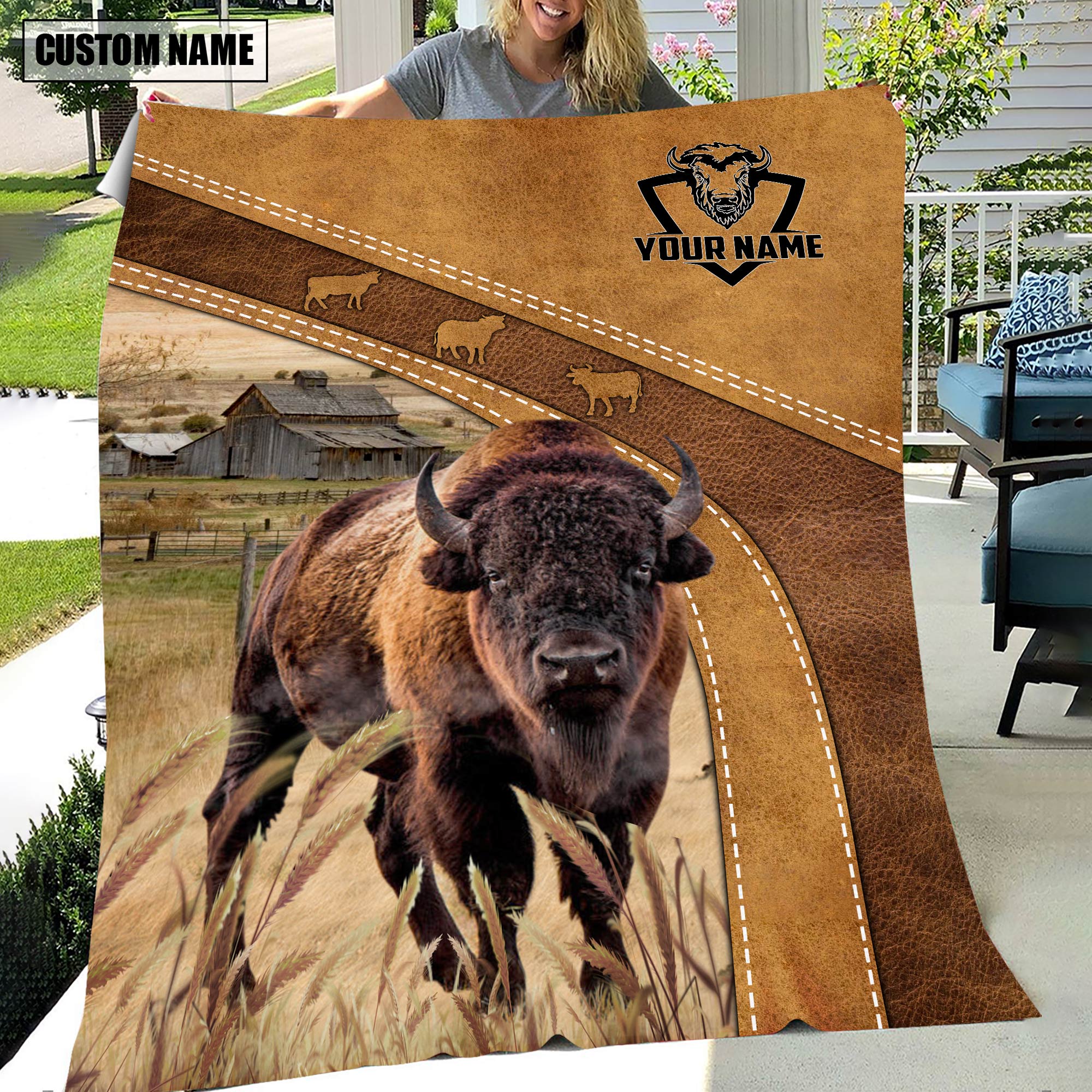 Personalized Name Bison Brownie Background Blanket