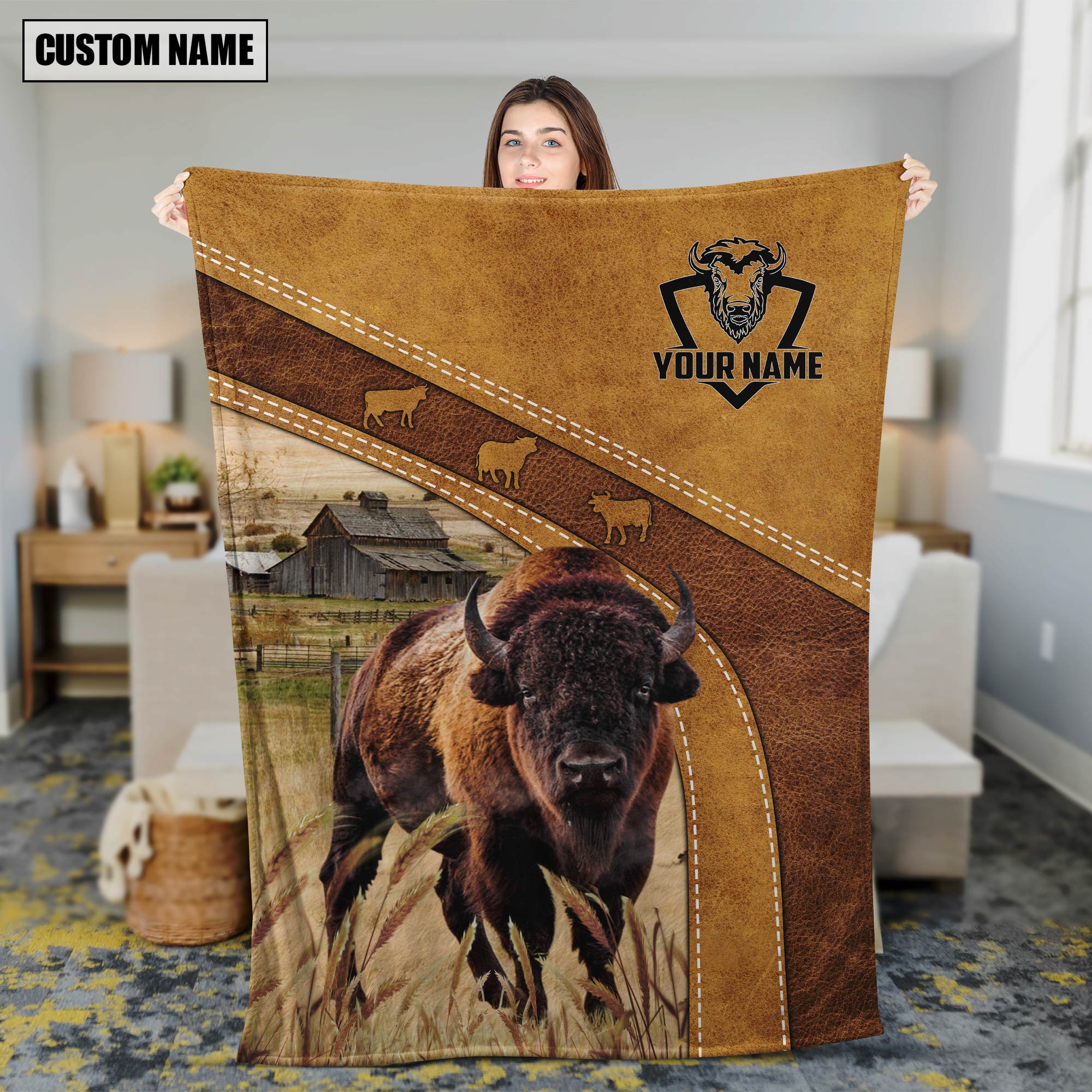 Personalized Name Bison Brownie Background Blanket