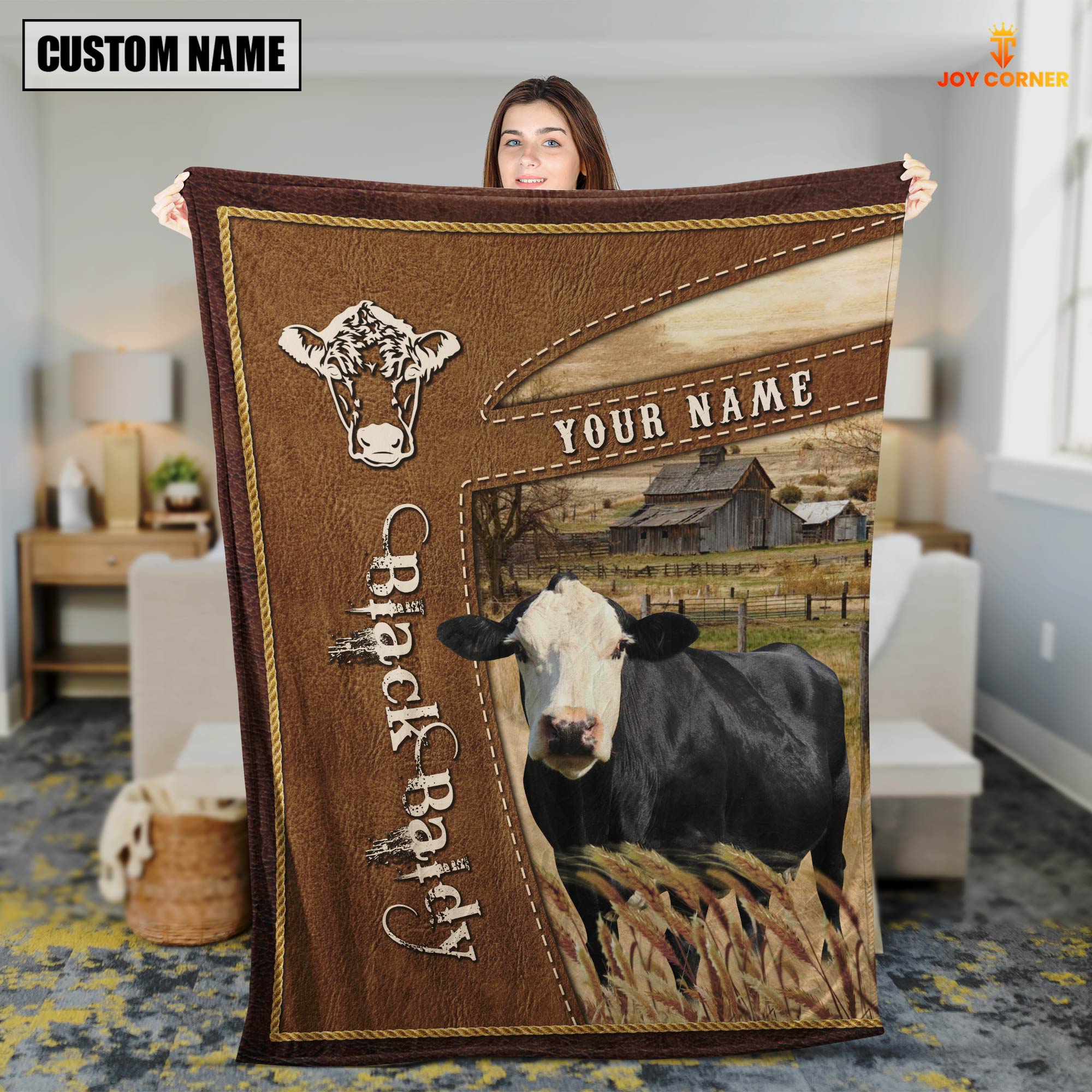 Personalized Name Black Baldy Farm Leather Brown Blanket