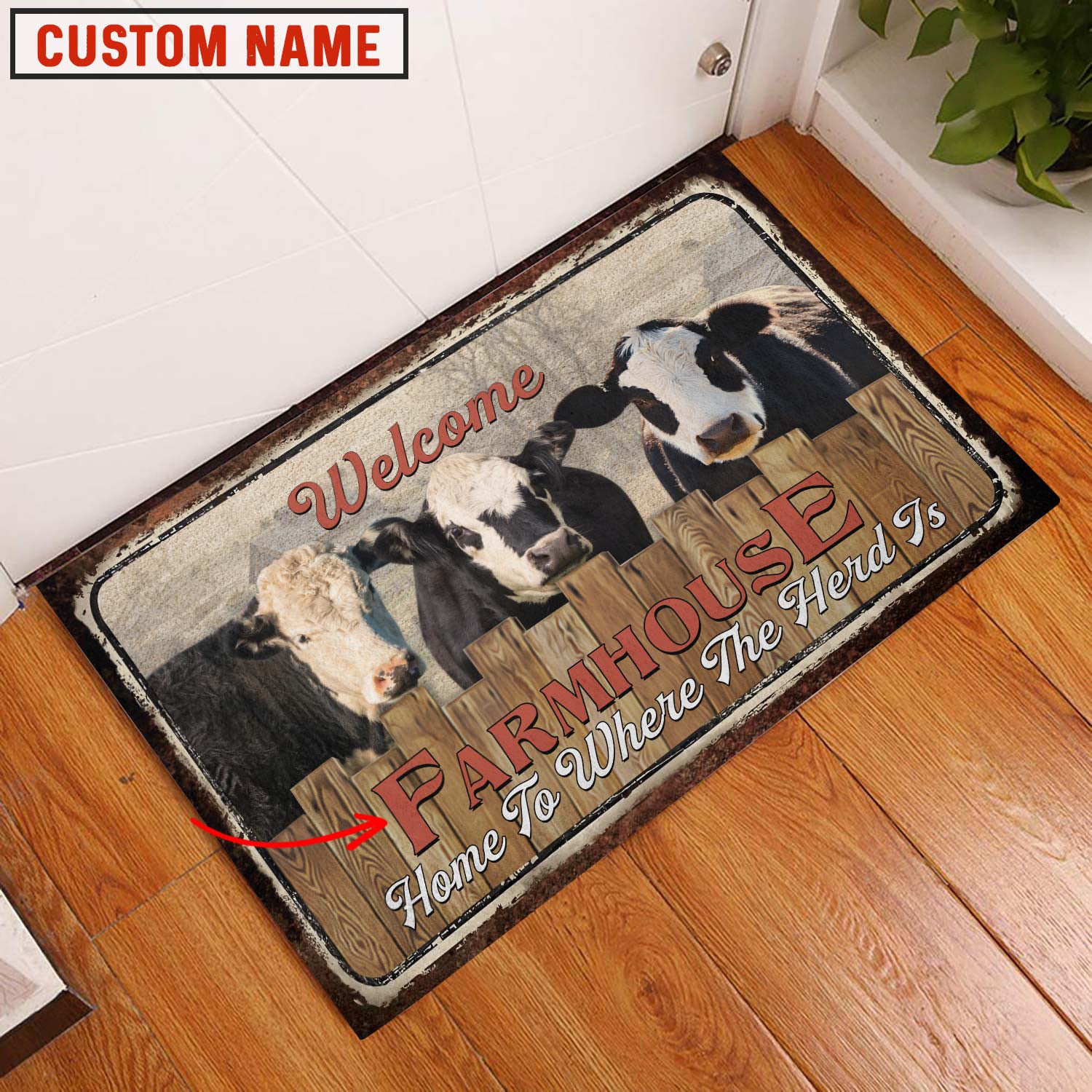 Black Hereford Welcome Custom Name Doormat