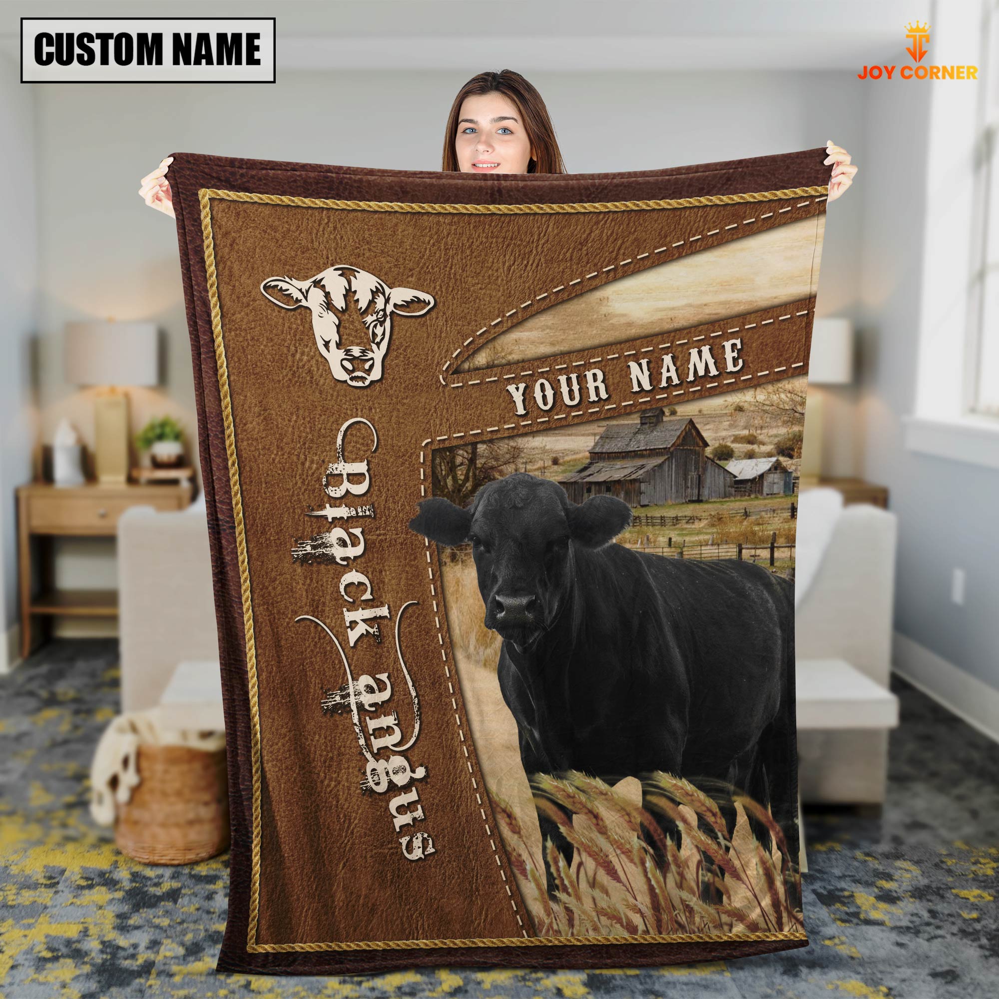 Personalized Name Black Angus Farm Leather Brown Blanket
