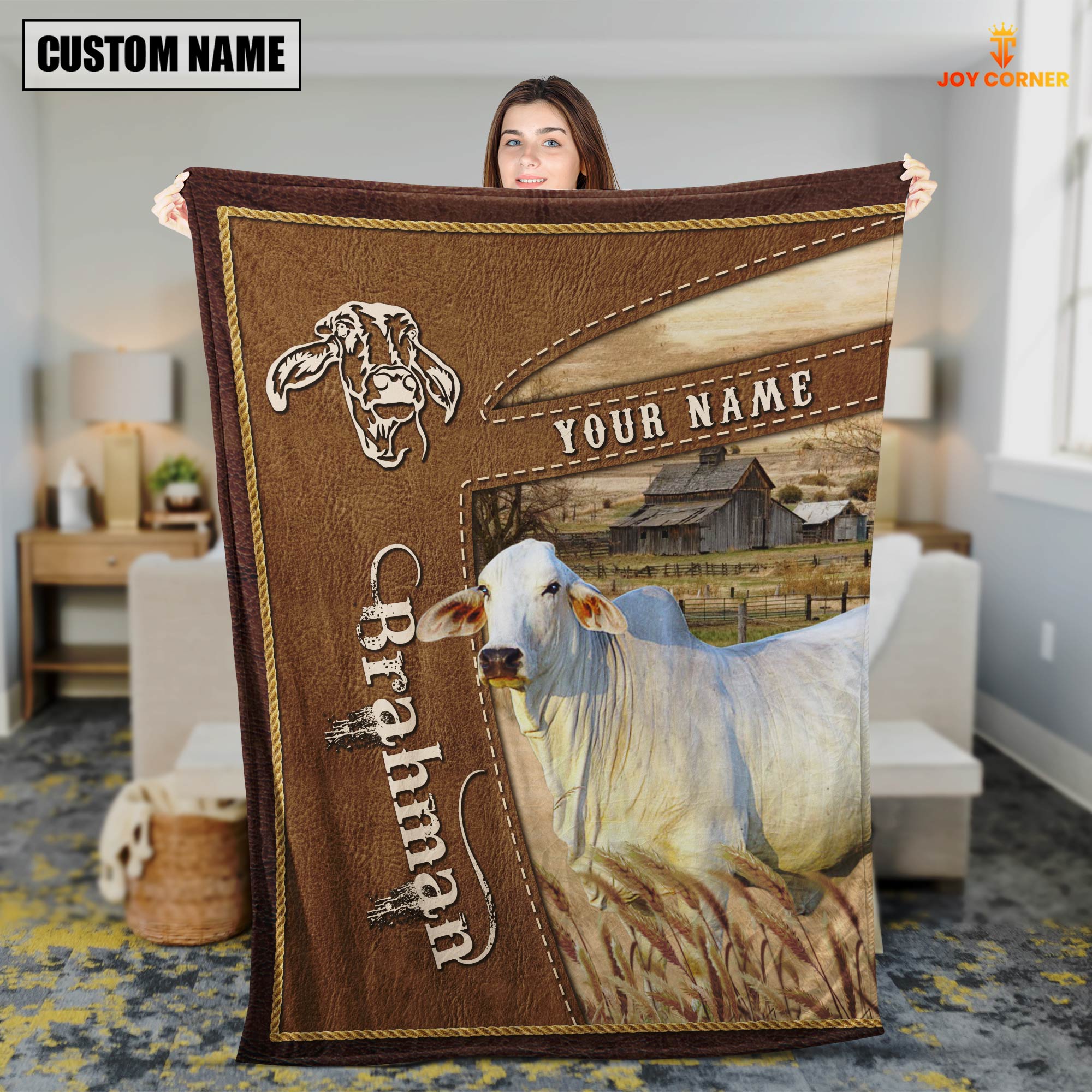 Personalized Name Brahman Farm Leather Brown Blanket