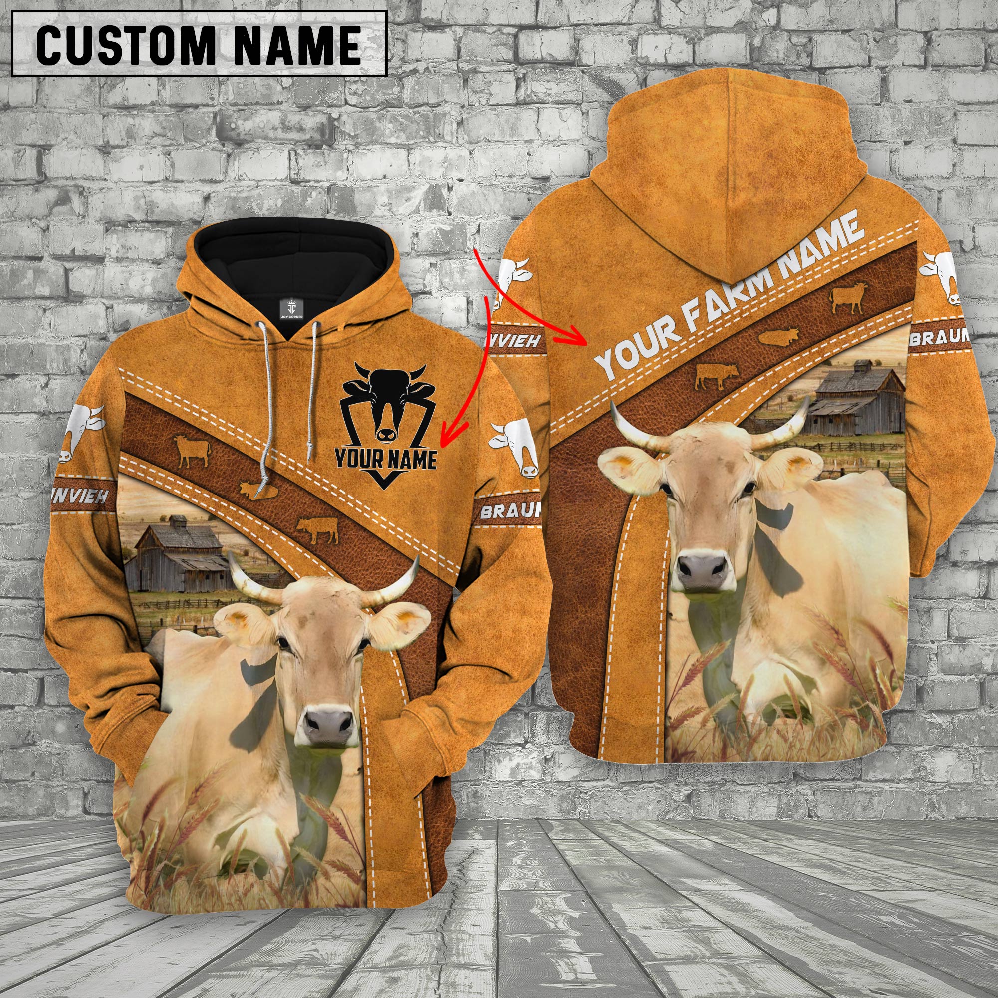 Braunvieh 3D Customized Name - Farm Name Hoodie