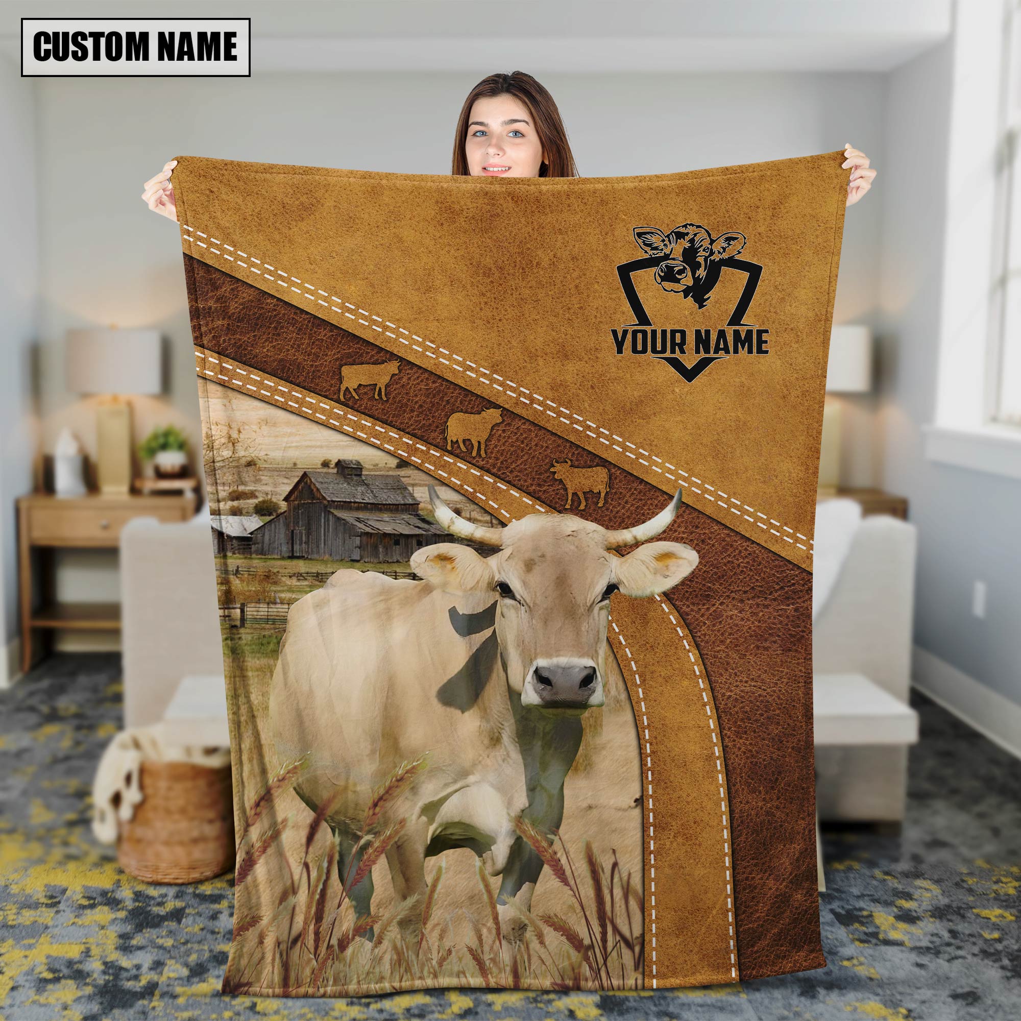 Personalized Name Braunvieh Brownie Farm Background Blanket