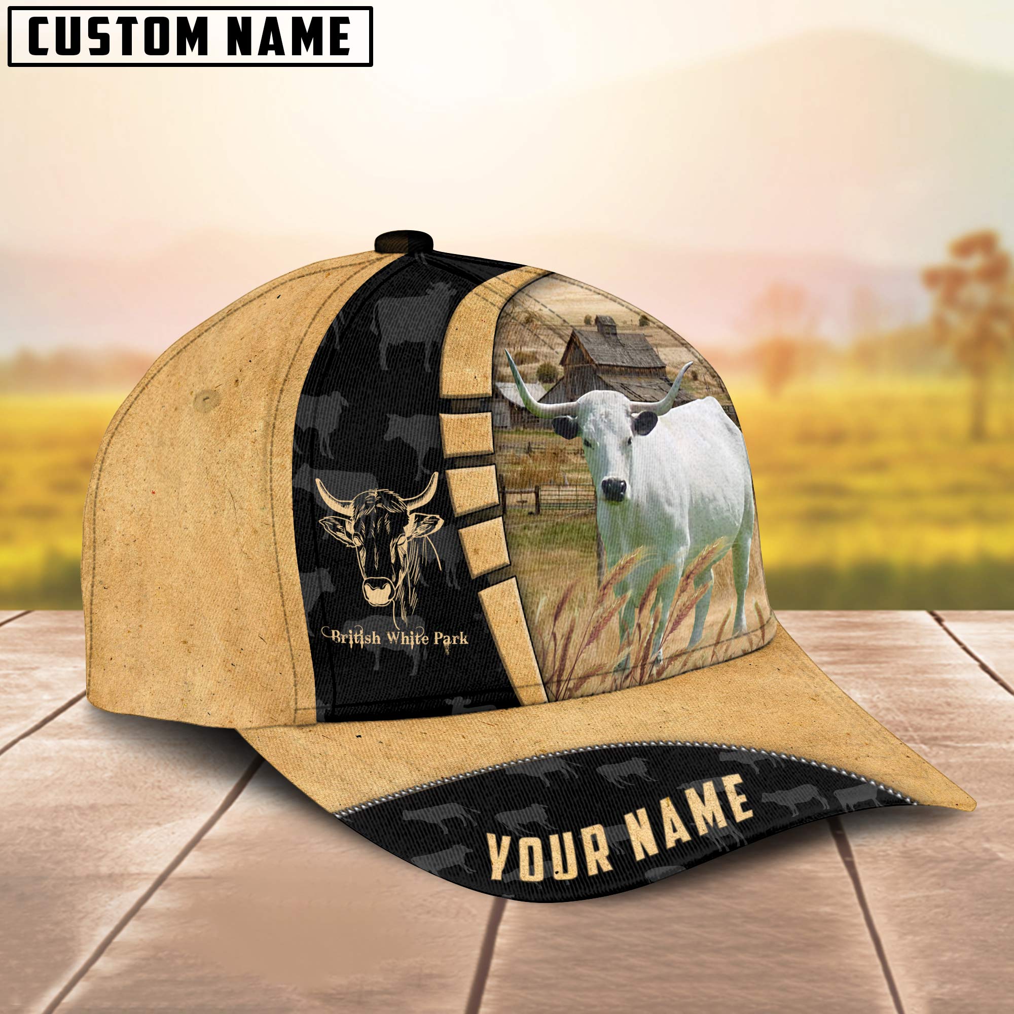 Custom Name British white park Cattle Farmhouse Field Cap TT22