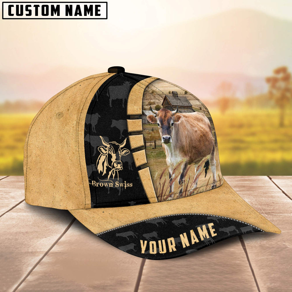 Custom Name Brown Swiss Cattle Farmhouse Field Cap