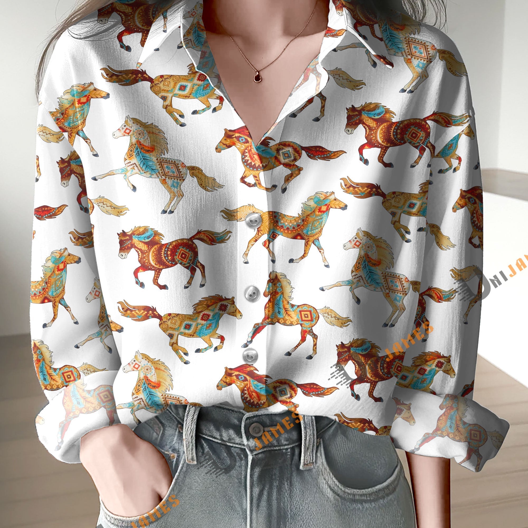 Unique Horse Pattern White Casual Shirt