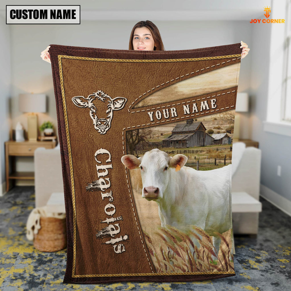 Personalized Name Charolais Farm Leather Brown Blanket
