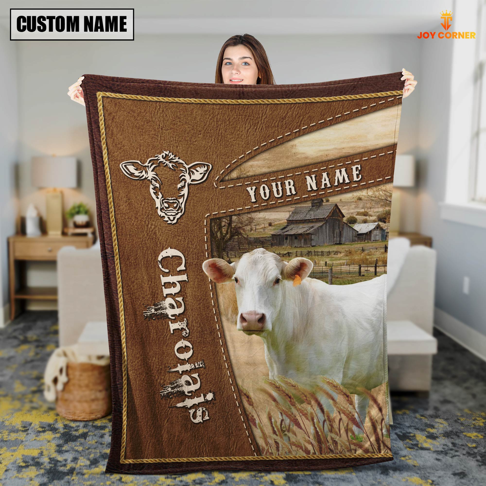Personalized Name Charolais Farm Leather Brown Blanket