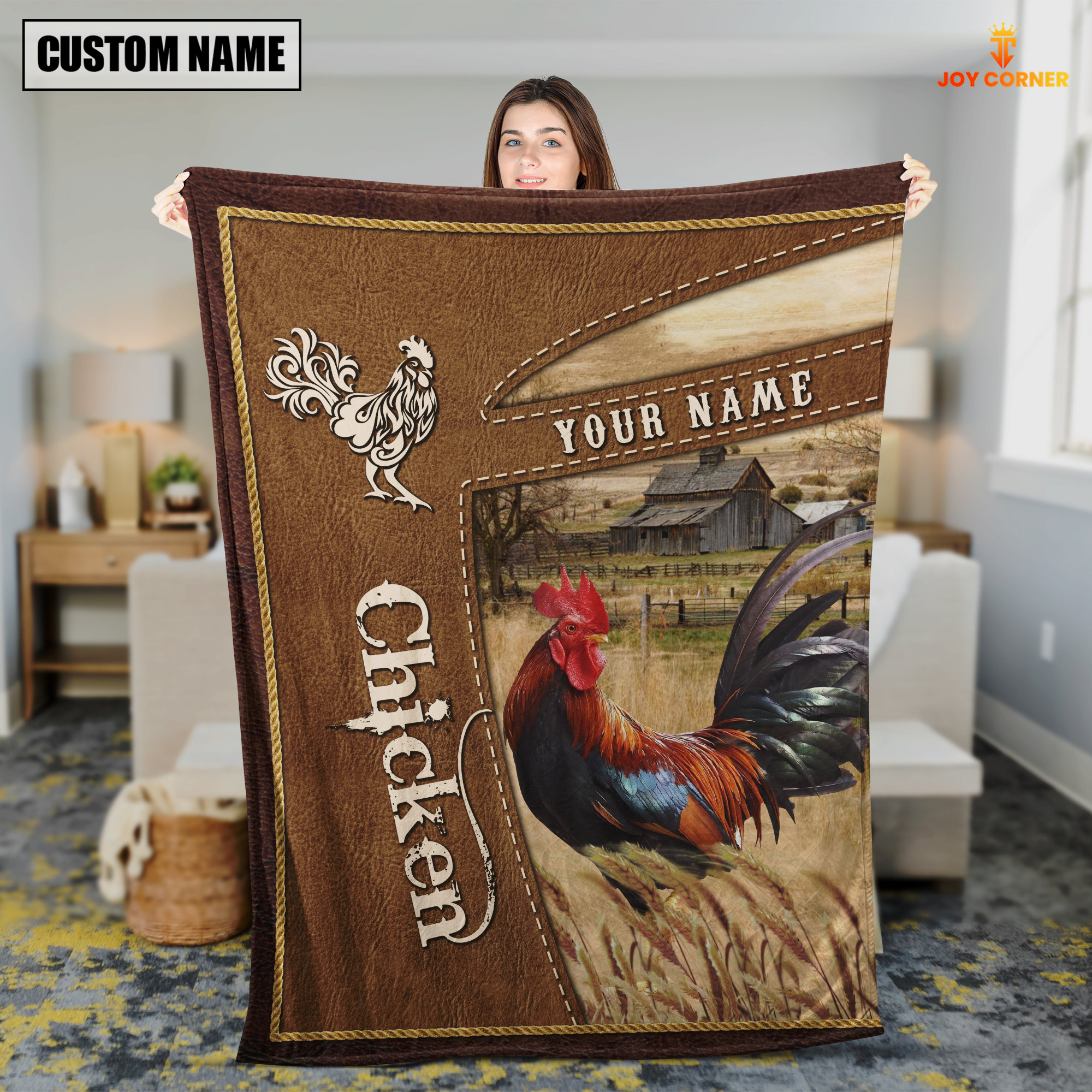 Personalized Name Chicken Farm Leather Brown Blanket