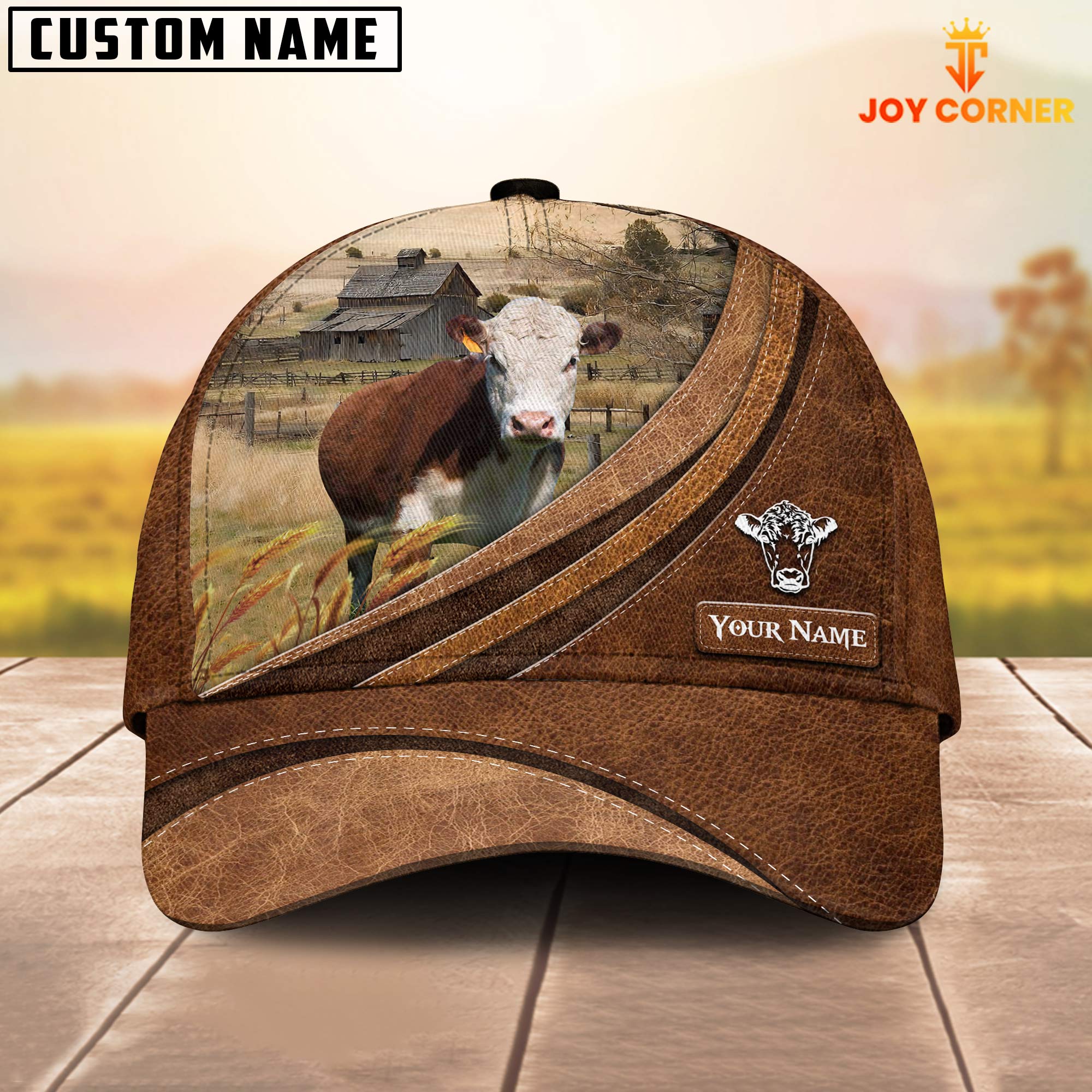 Custom Name Hereford Leather Pattern Classic Cap