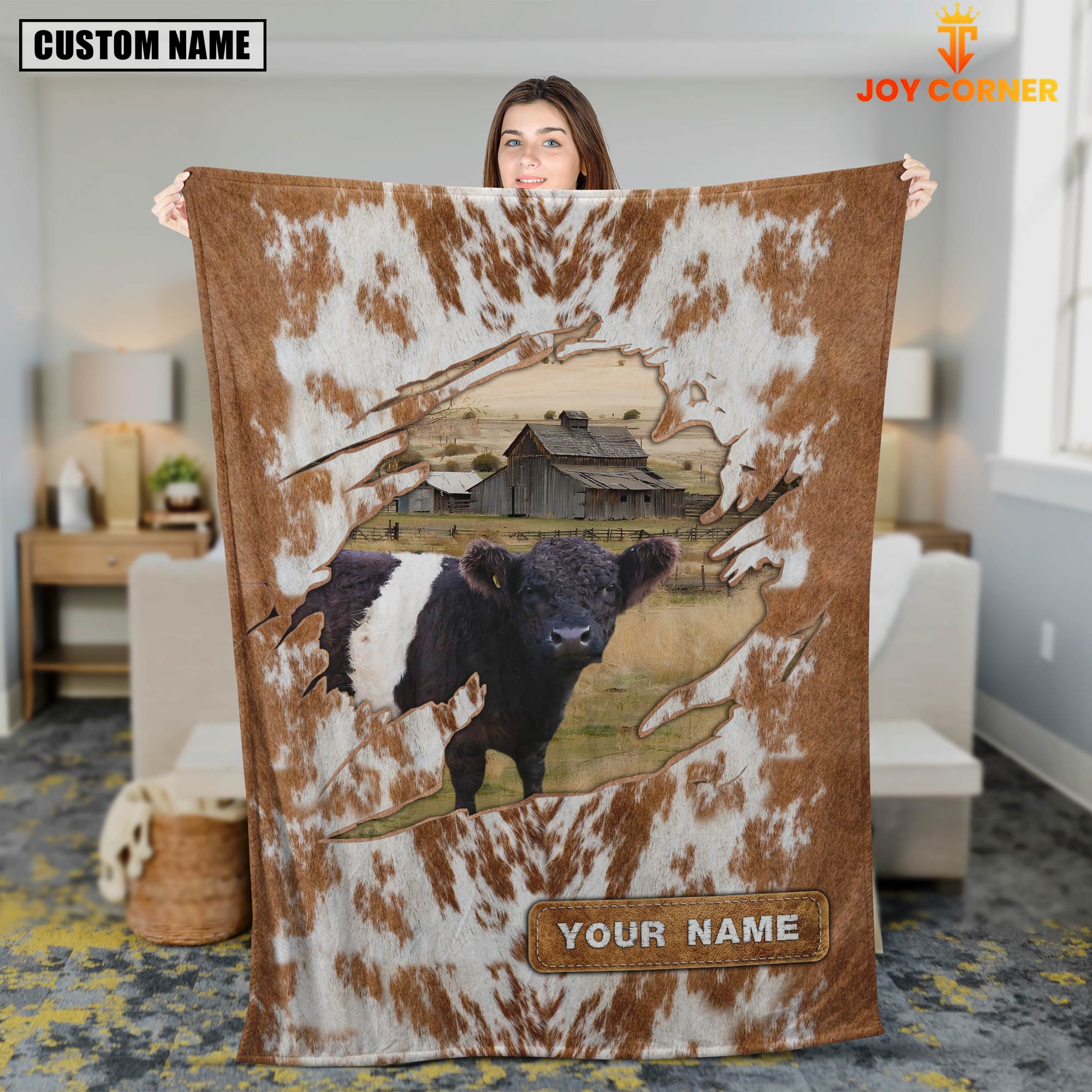 Custom Name Belted Galloway Cow Hair Pattern Blanket