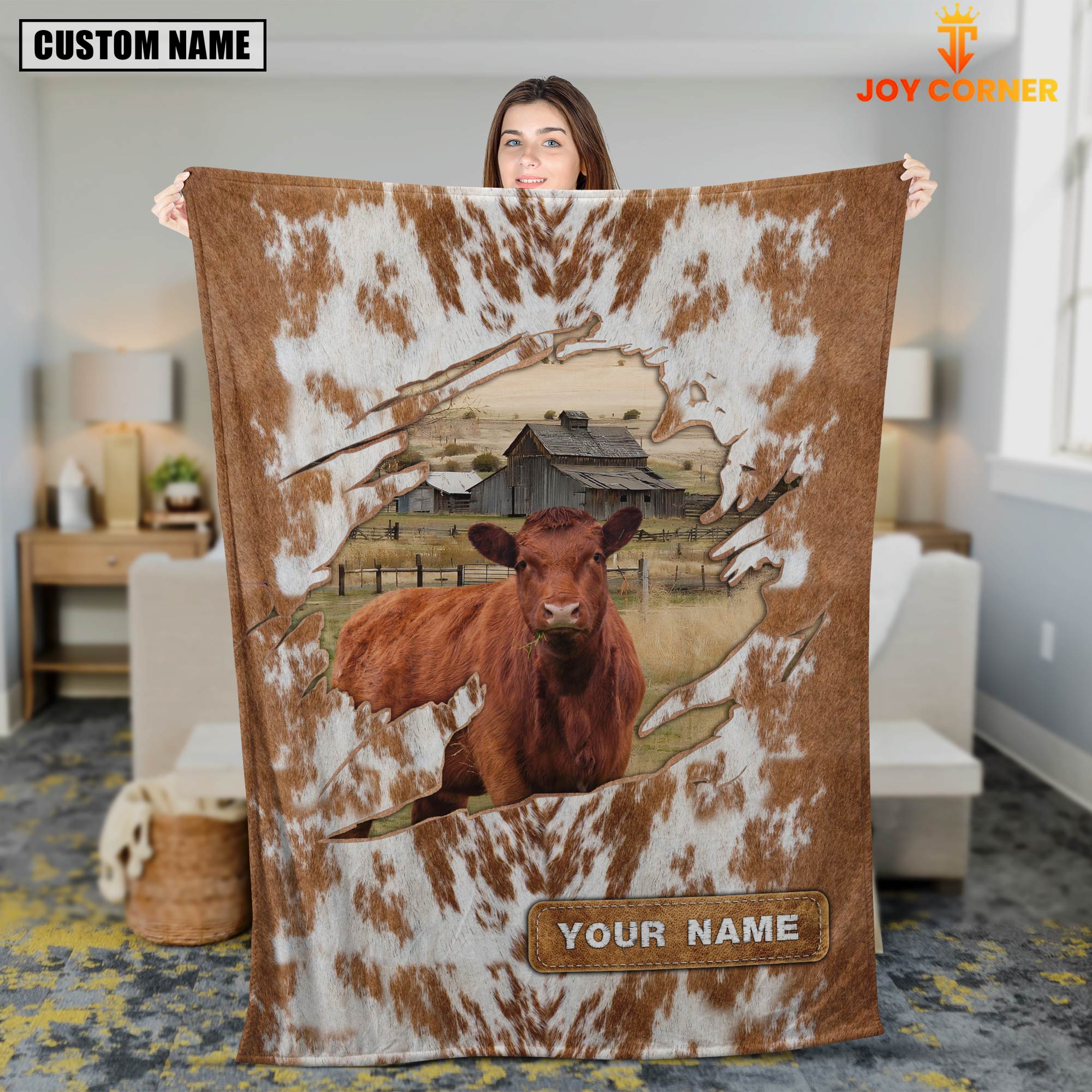 Custom Name Red Angus Cow Hair Pattern Blanket