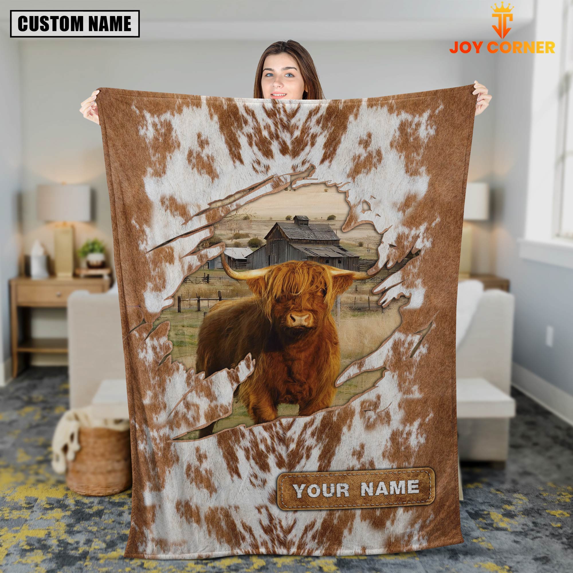 Custom Name Highland Cow Hair Pattern Blanket