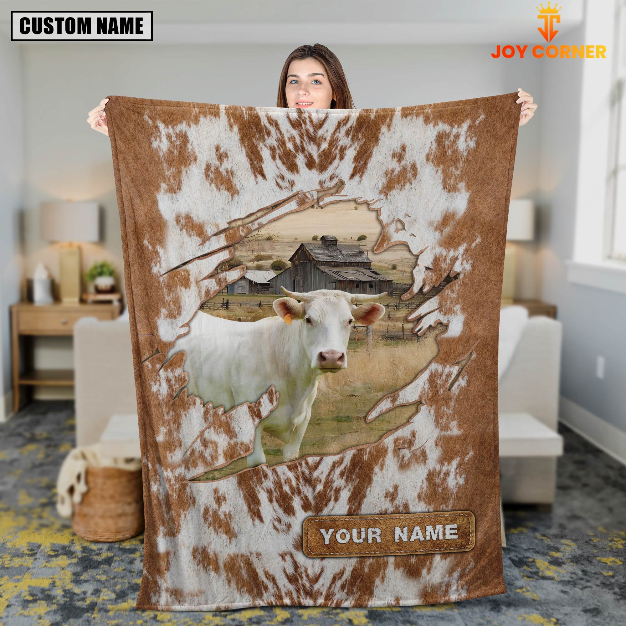 Custom Name Charolais Cow Hair Pattern Blanket