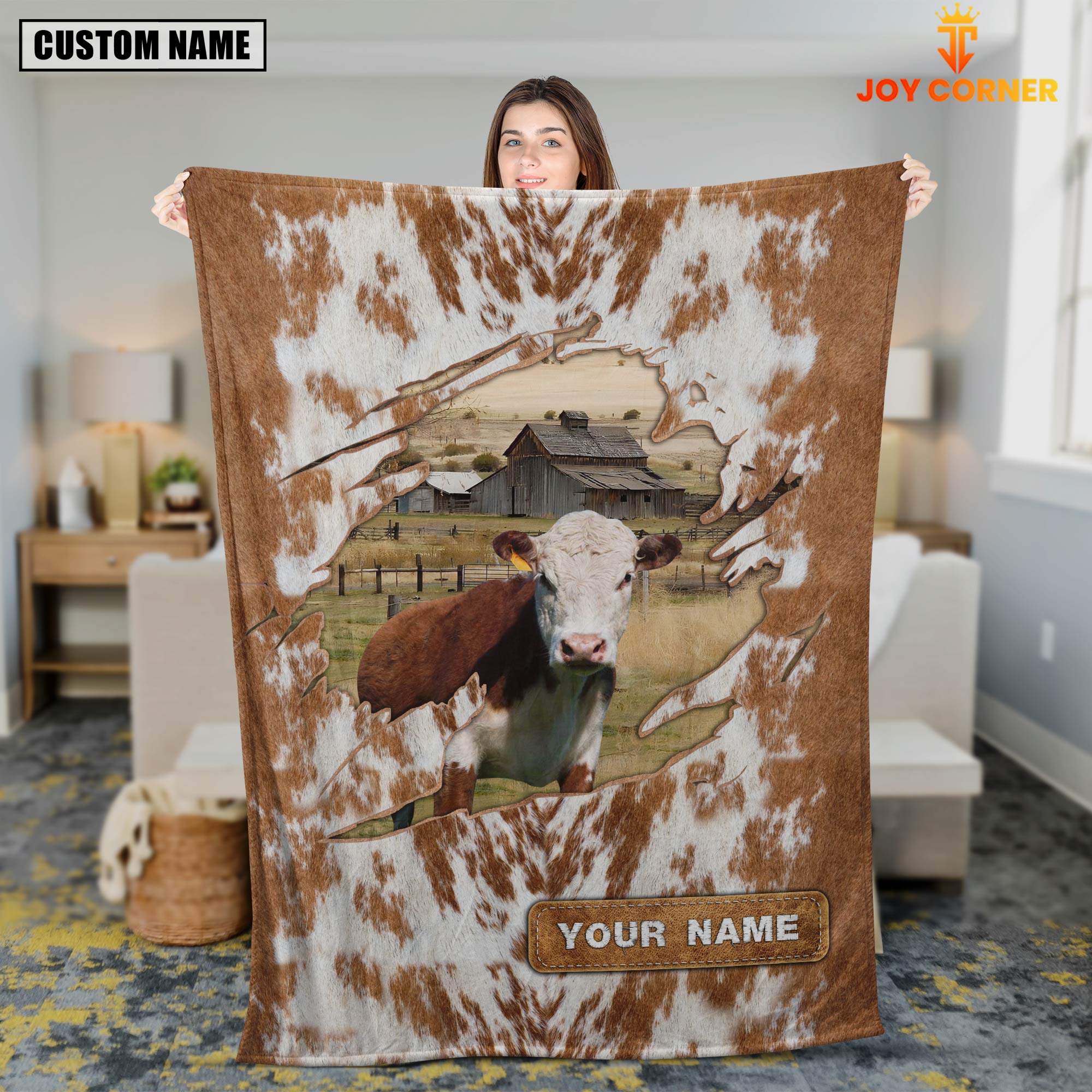Custom Name Hereford Cow Hair Pattern Blanket