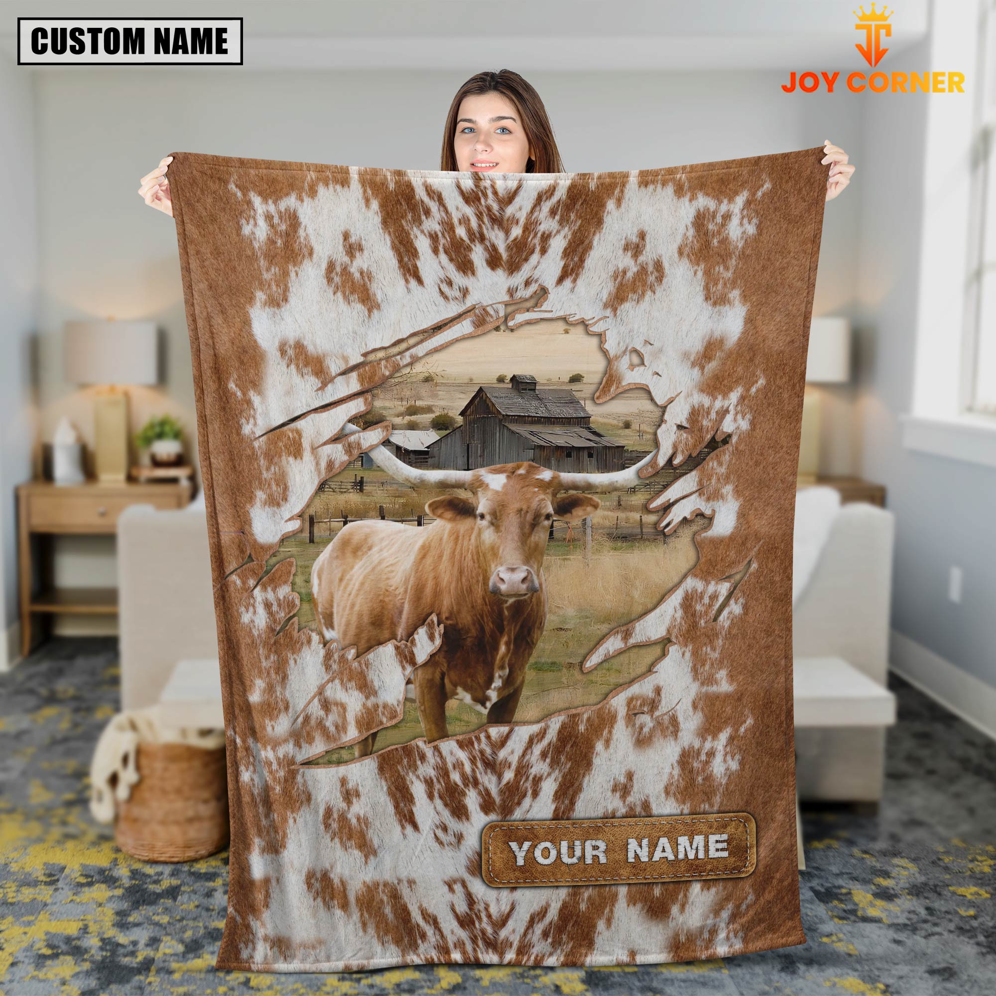 Custom Name Texas Longhorn Cow Hair Pattern Blanket