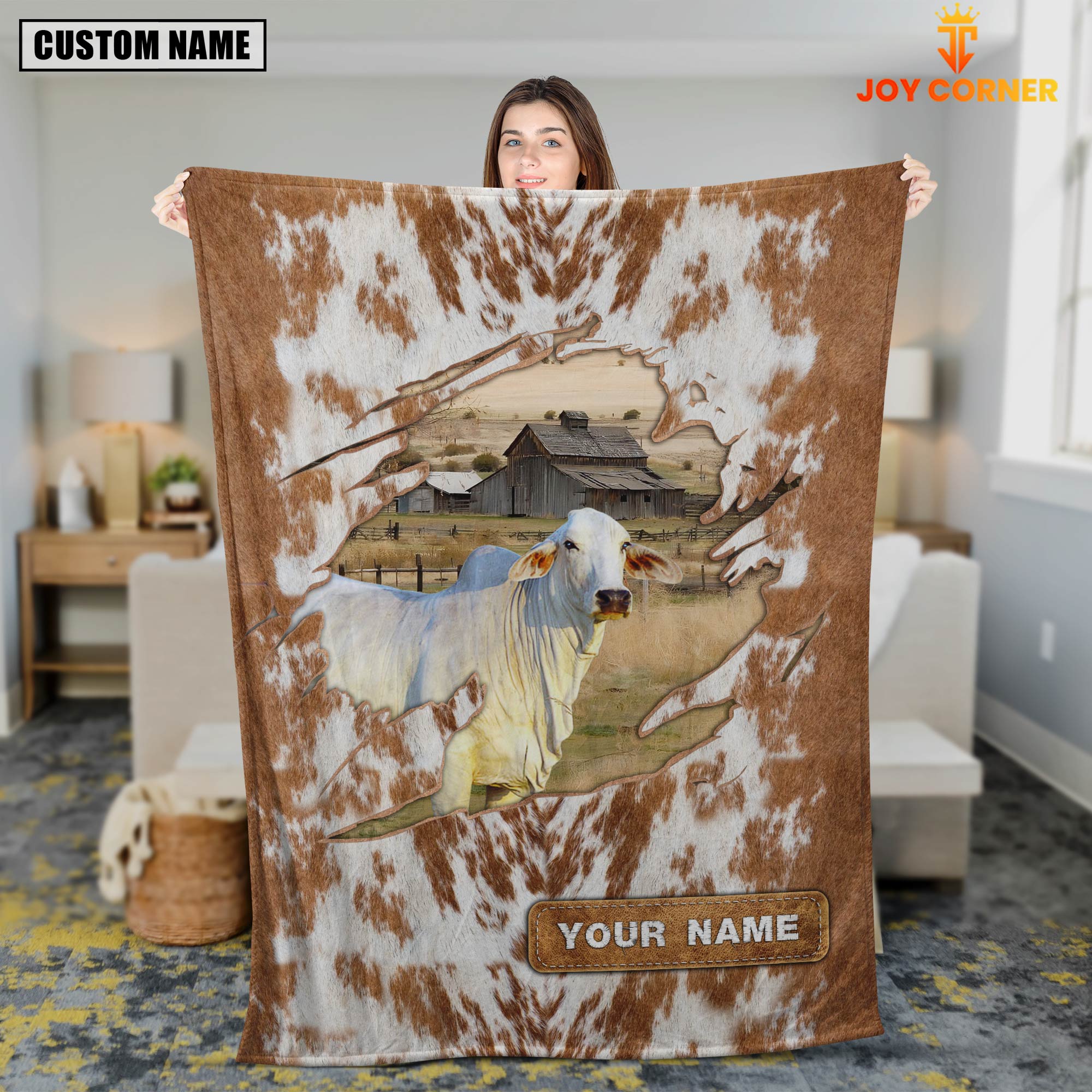 Custom Name Brahman Cow Hair Pattern Blanket