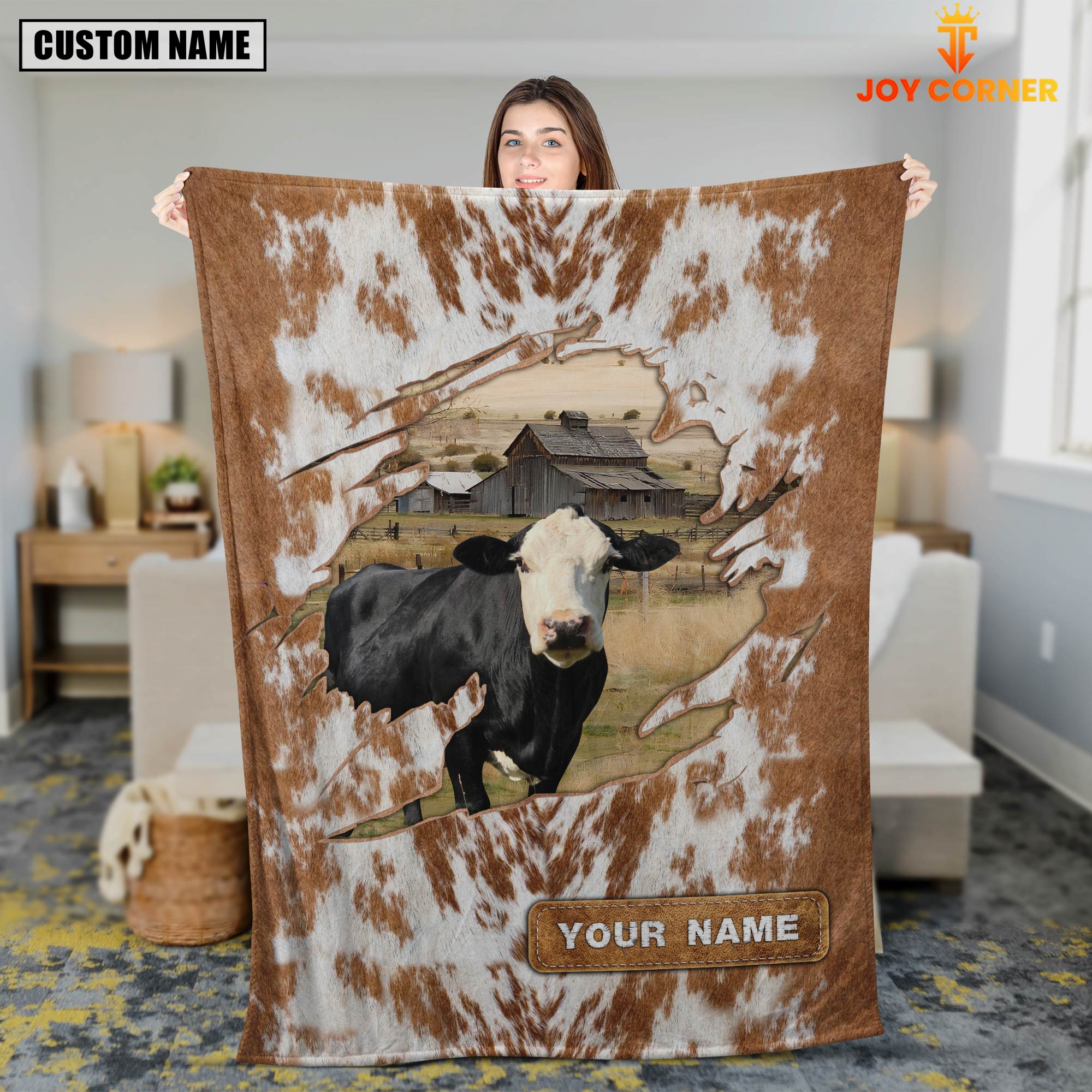 Custom Name Black Baldy Cow Hair Pattern Blanket