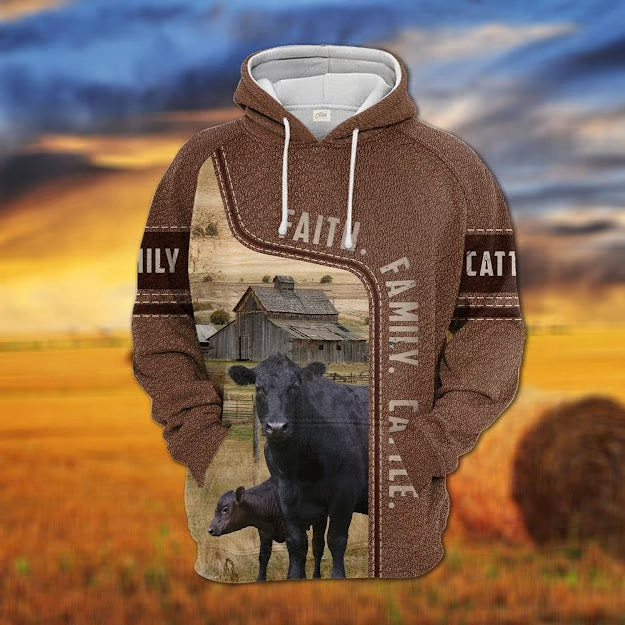 Black Angus Faith Family Cattle Personalized 3D Hoodie