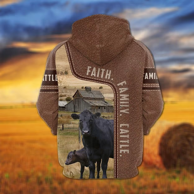 Black Angus Faith Family Cattle Personalized 3D Hoodie