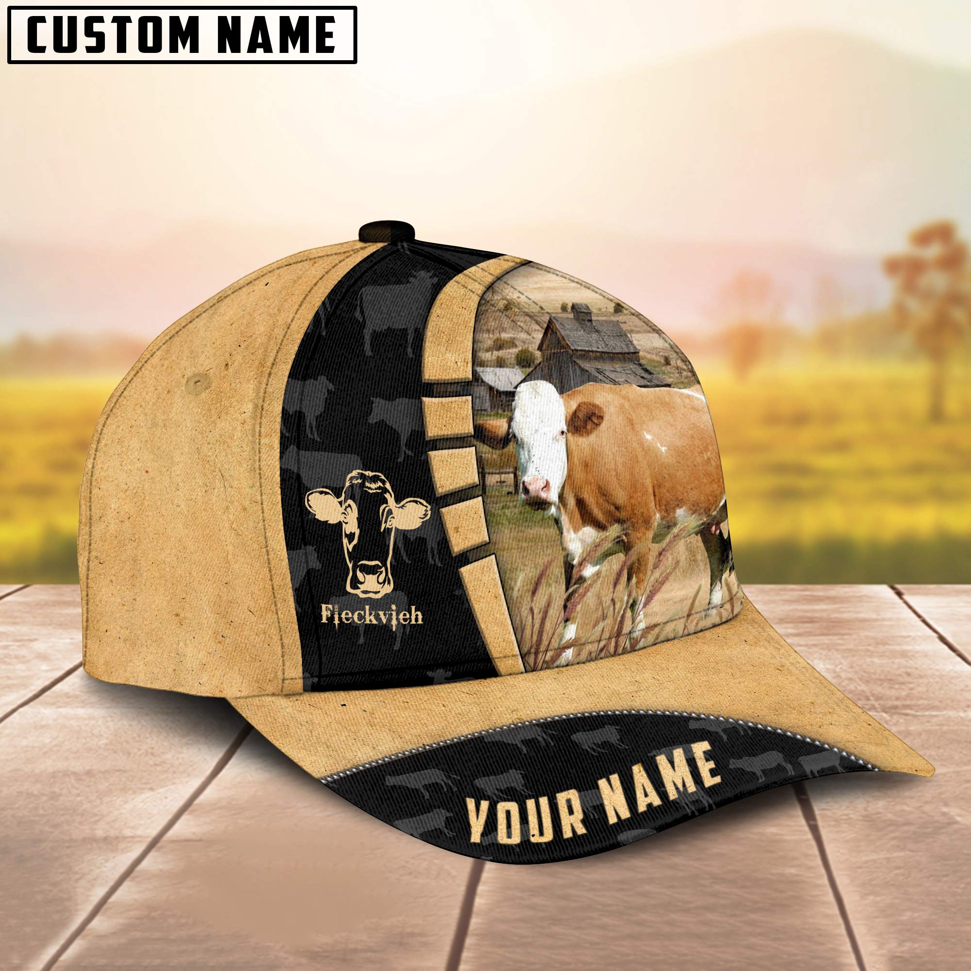 Custom Name Fleckvieh Cattle Farmhouse Field Cap