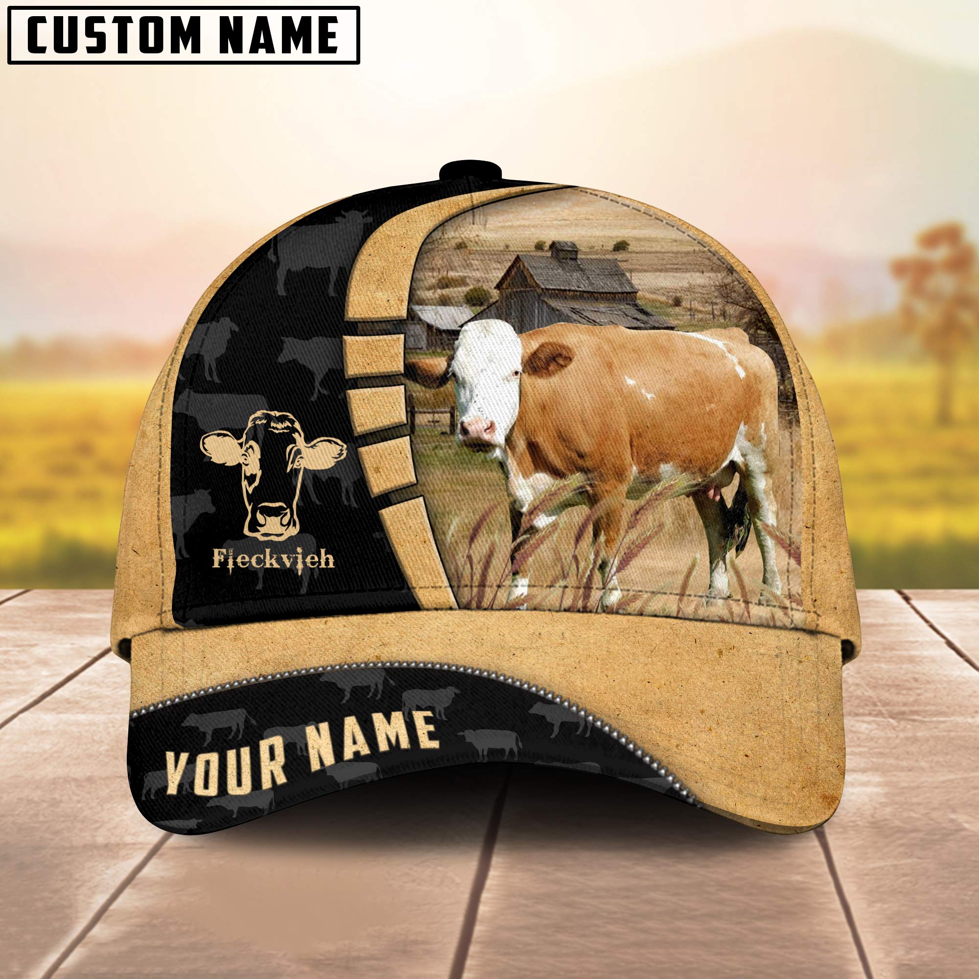 Custom Name Fleckvieh Cattle Farmhouse Field Cap