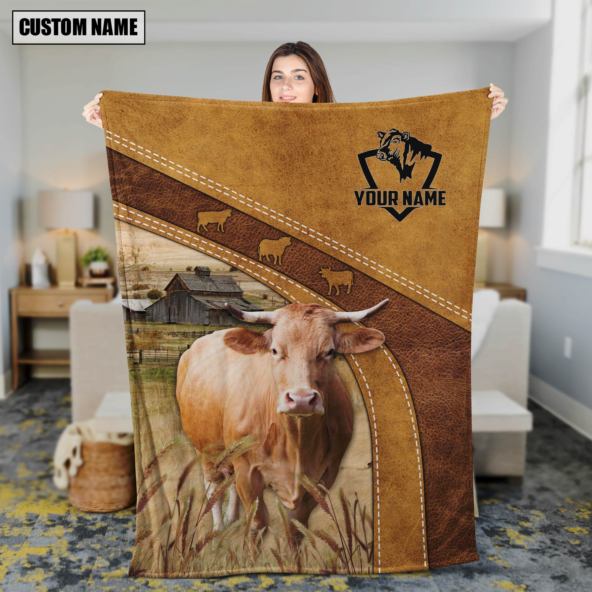 Personalized Name Gelbvieh Brownie Background Blanket