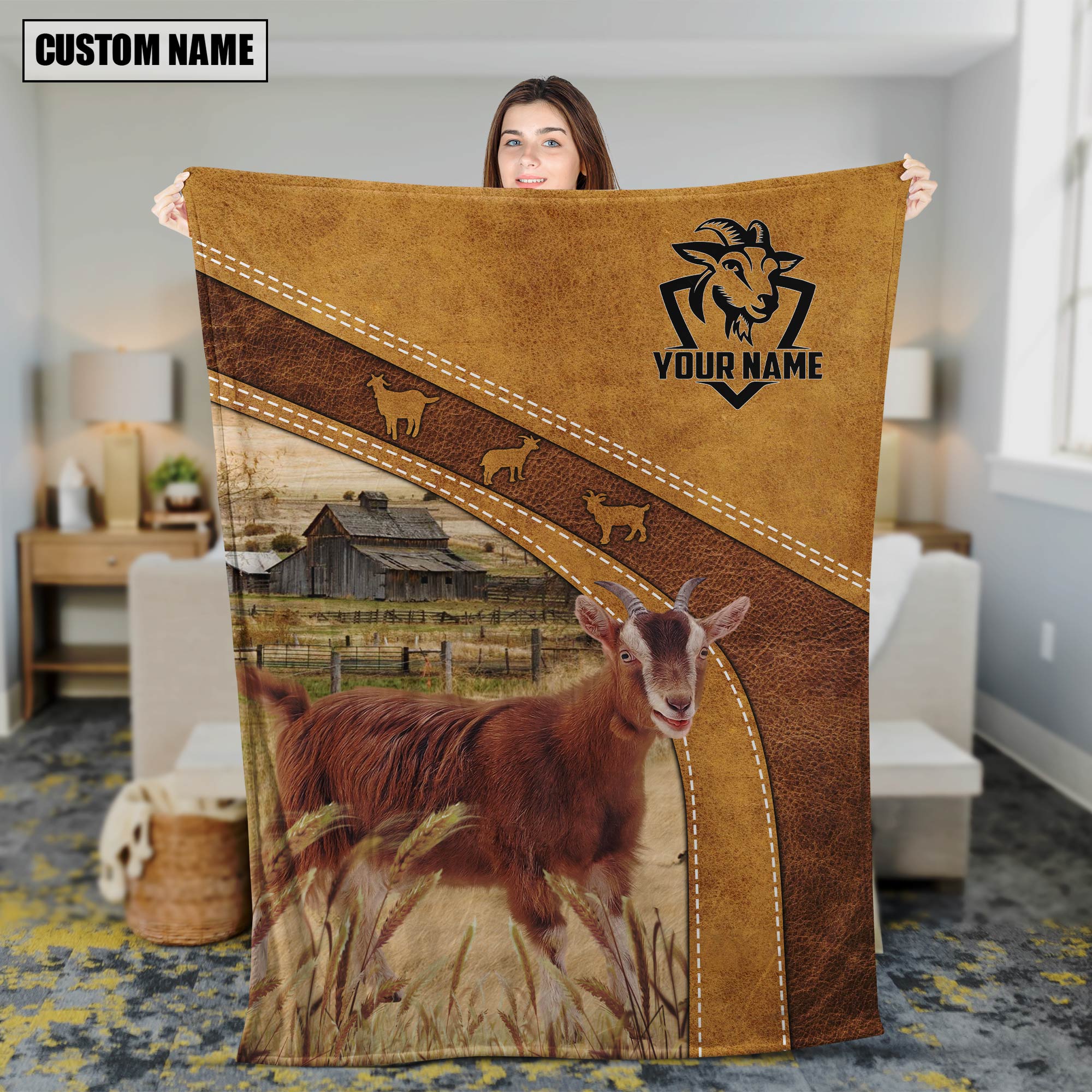 Personalized Name Goat Brownie Background Blanket