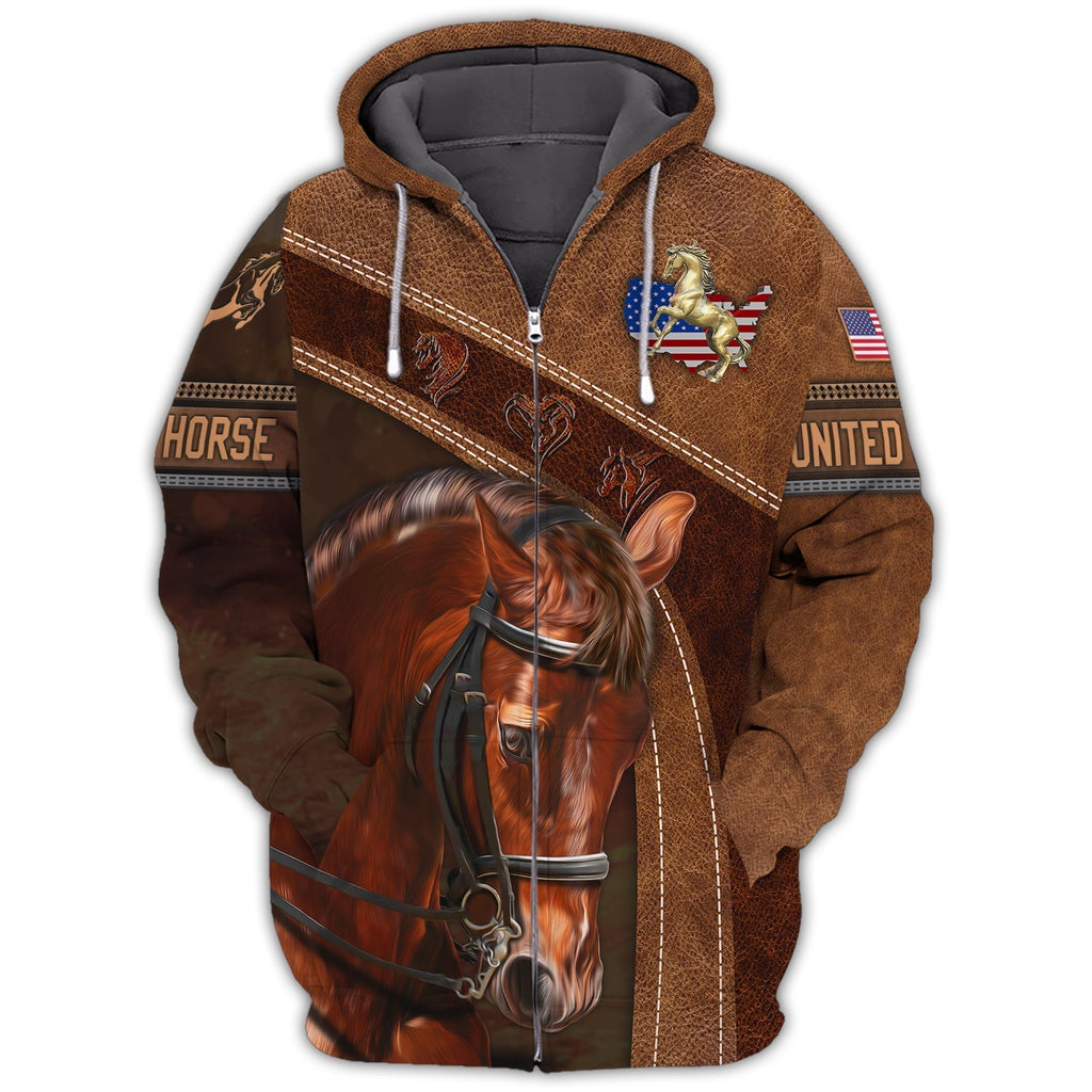American Brown Horse 2 Leather Pattern Custom Name 3D Shirts