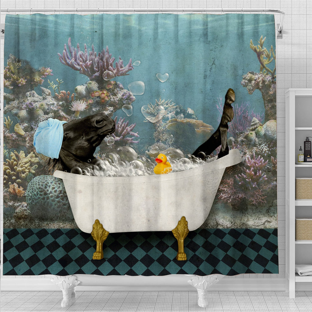 Black Horse Taking Shower Under The Sea 3D Shower Curtain