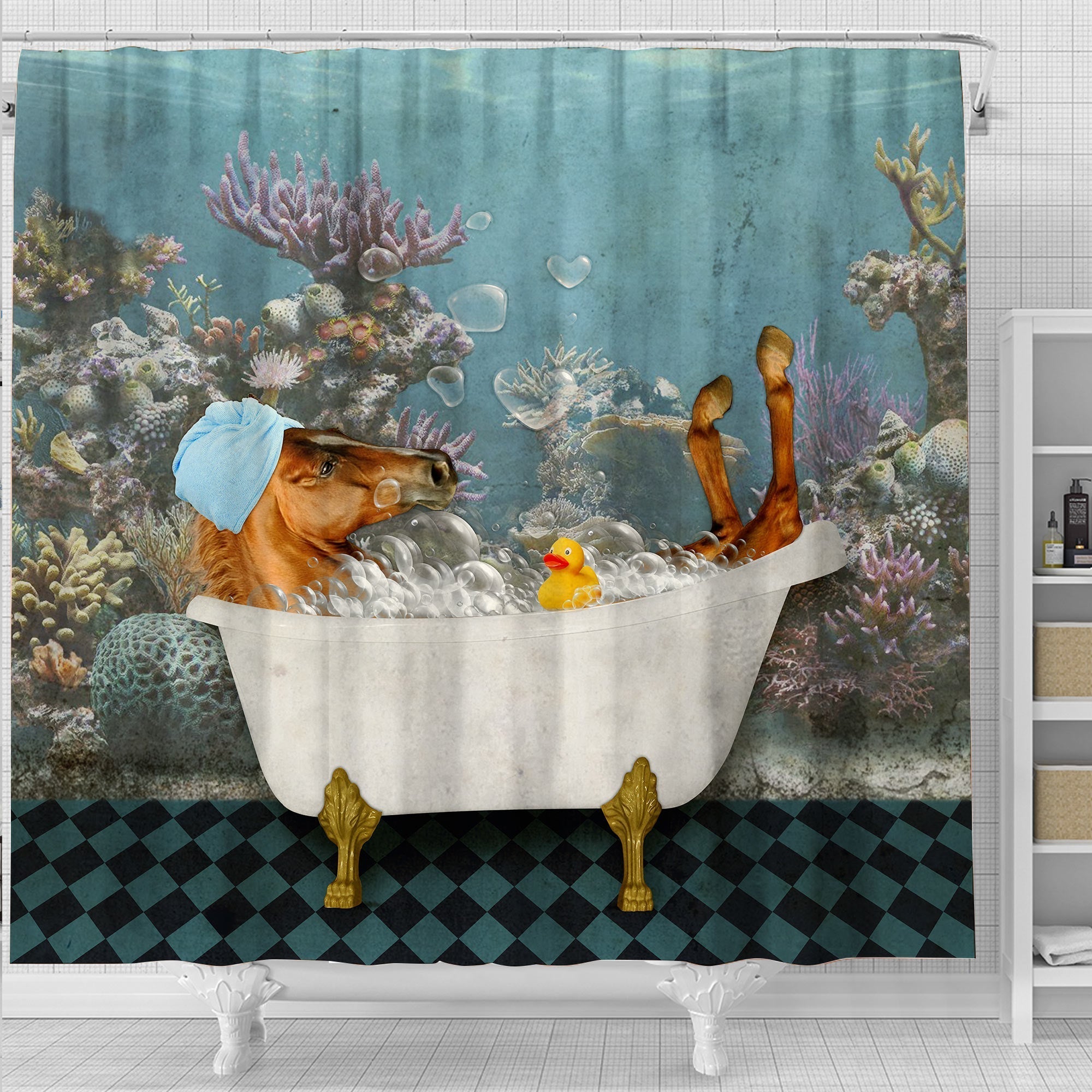 Brown Horse Taking Shower Under The Sea 3D Shower Curtain
