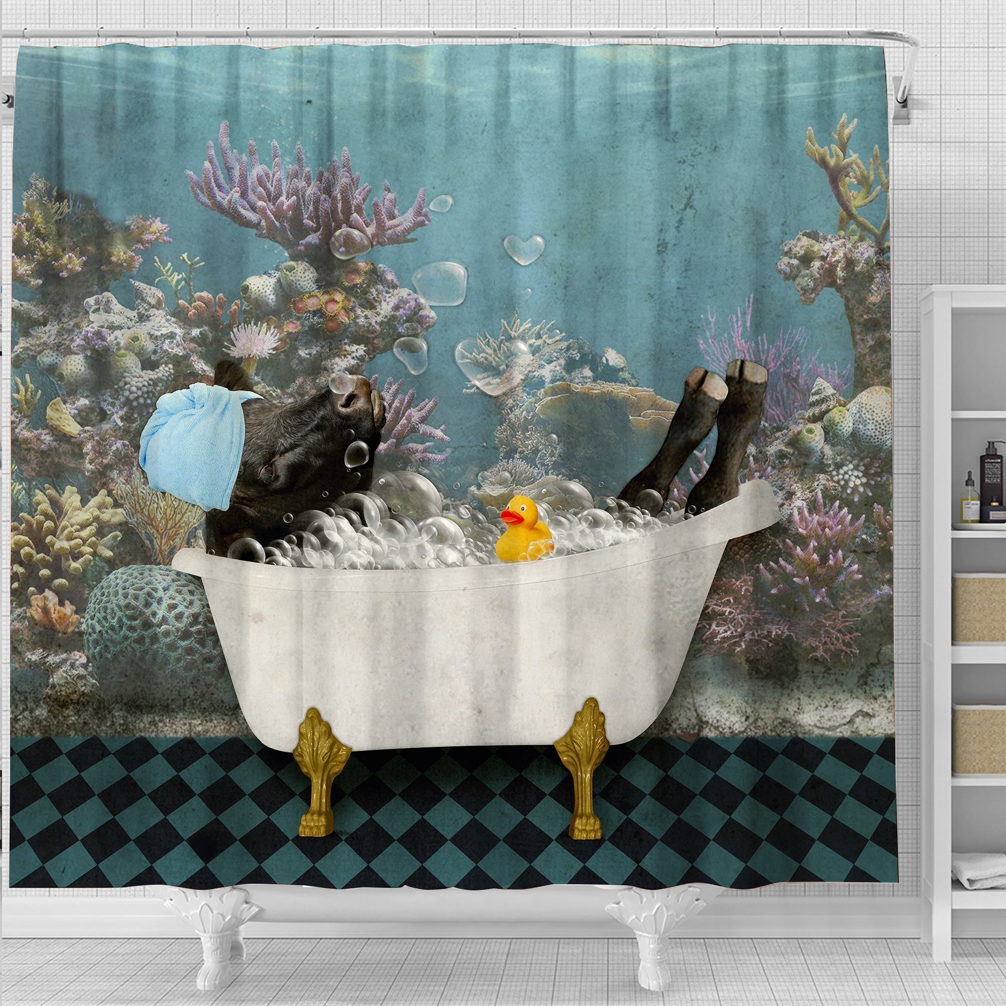 Black Angus Taking Shower Under The Sea 3D Shower Curtain