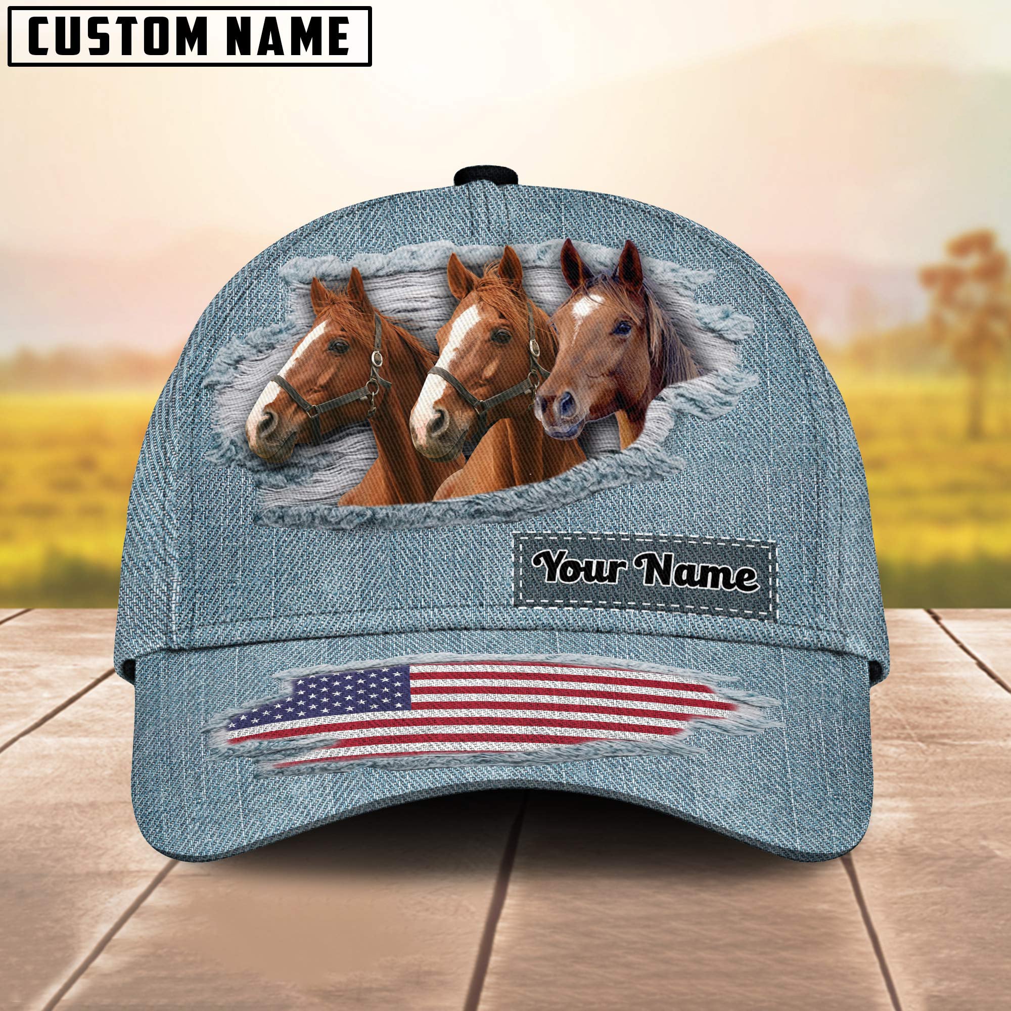 Brown Horses Jeans Pattern Customized Name Cap