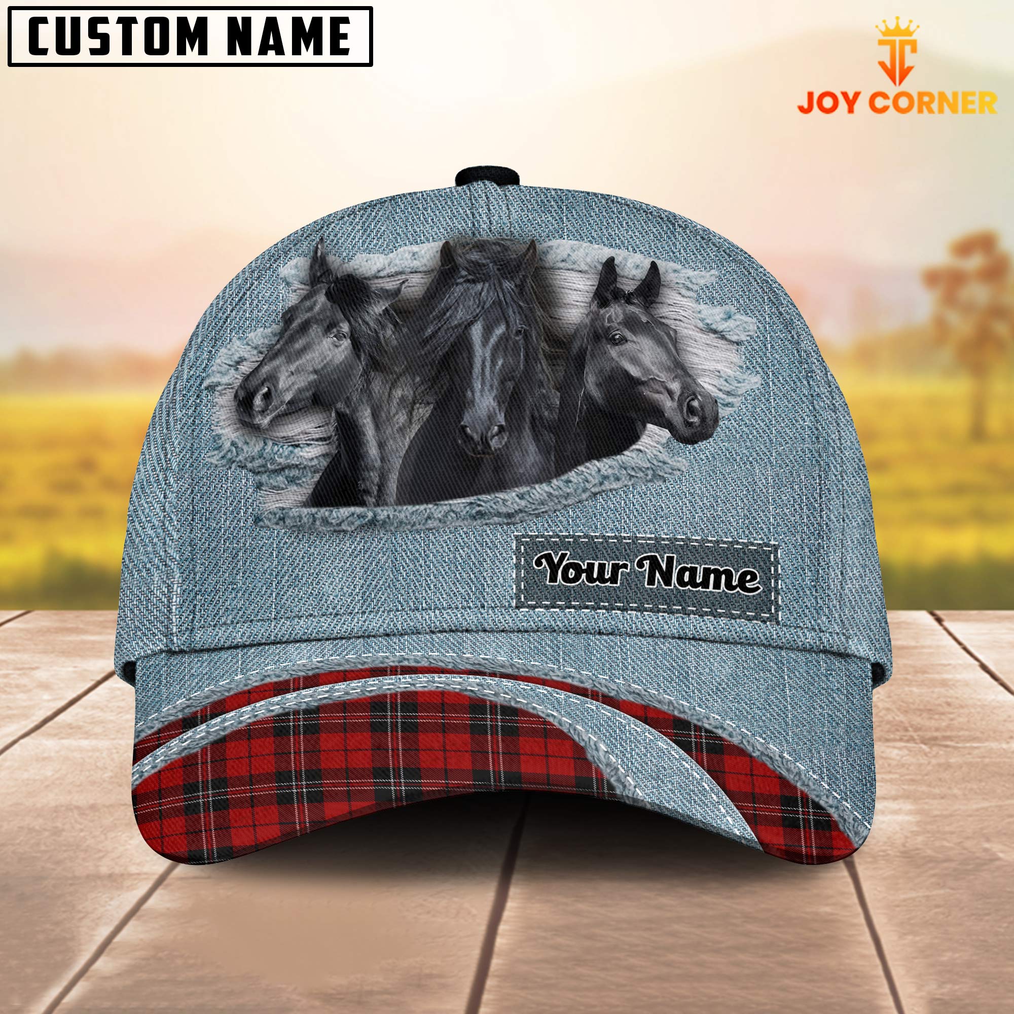 Black Horse Red Caro And Jeans Pattern Customized Name Cap