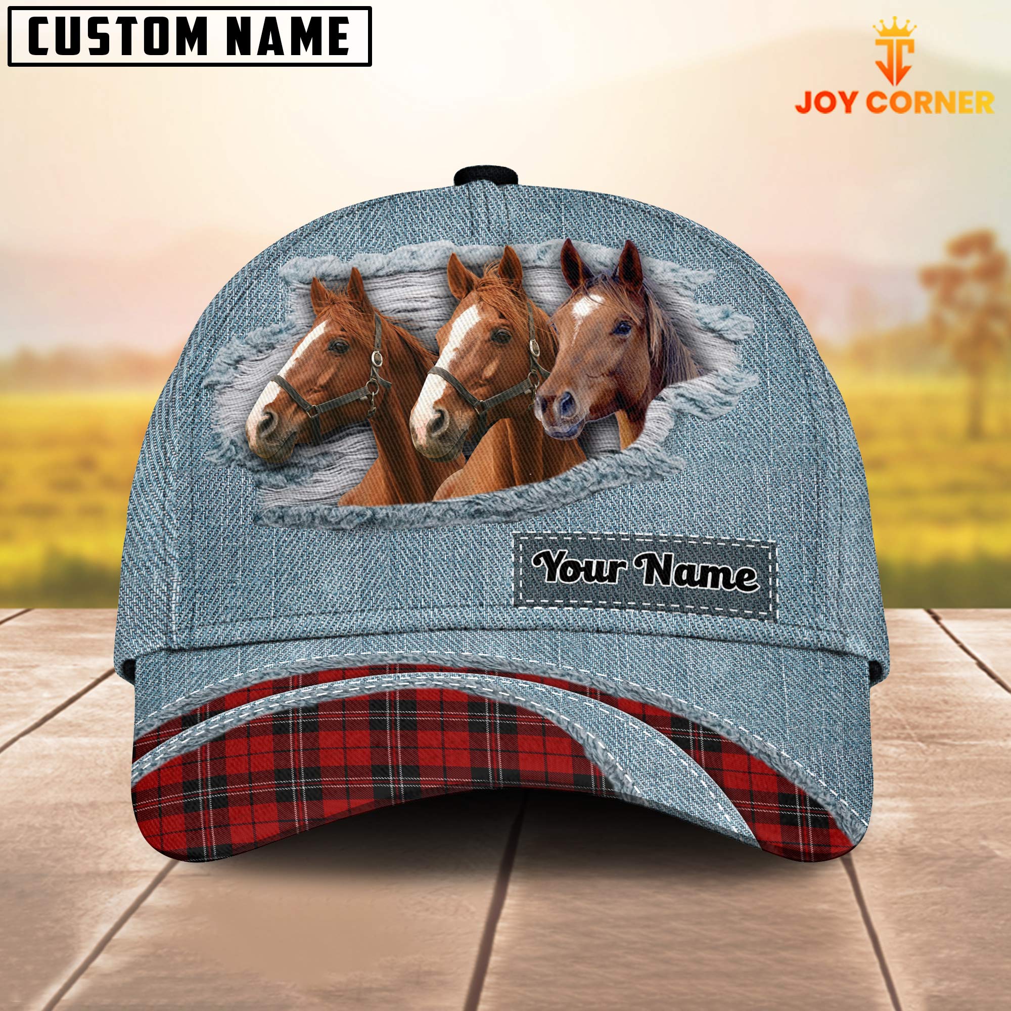 Brown Horse Red Caro And Jeans Pattern Customized Name Cap
